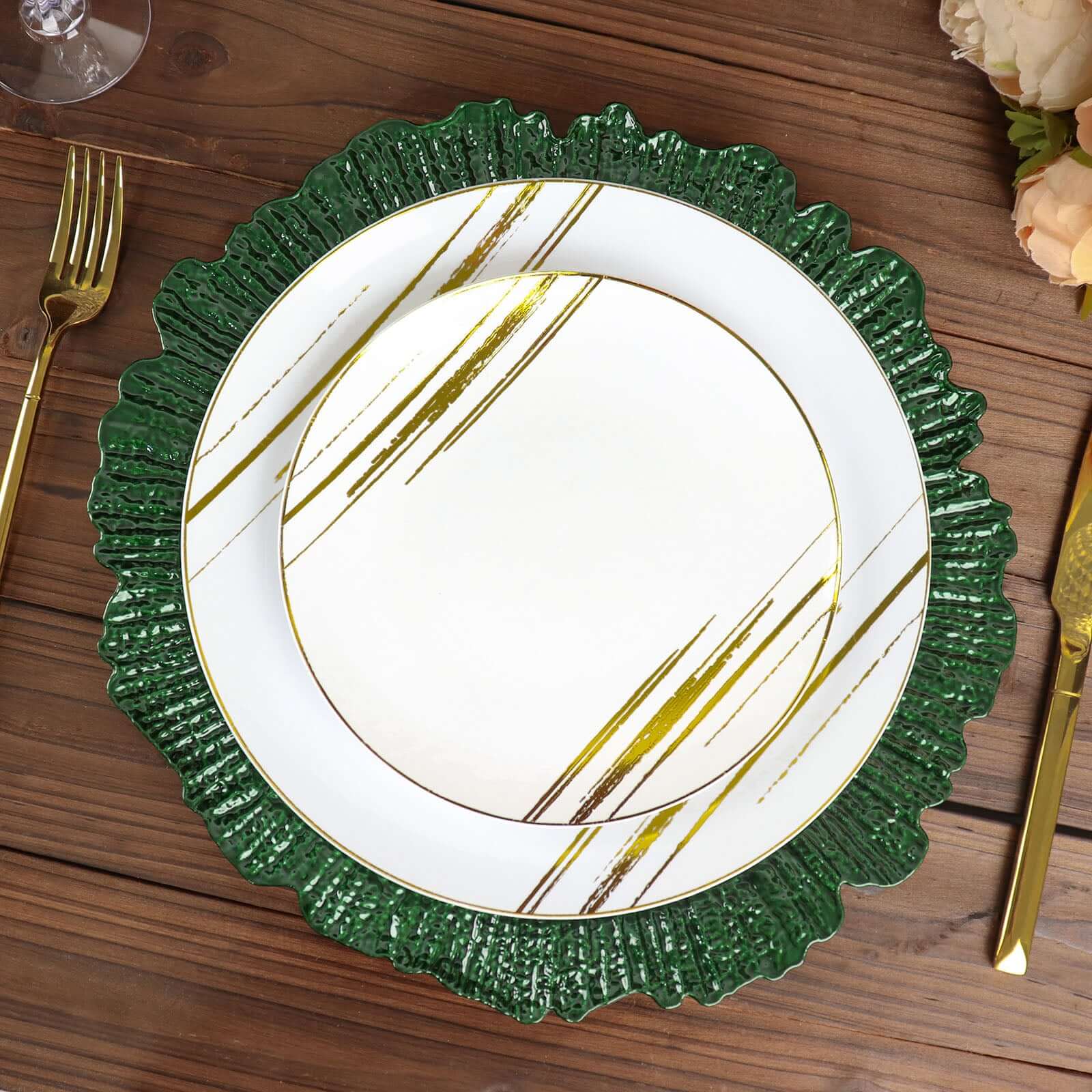 6-Pack Acrylic Plastic Round Charger Plates 13" in Hunter Emerald Green with Reef Design, Dinner Charger Tableware - Image 2