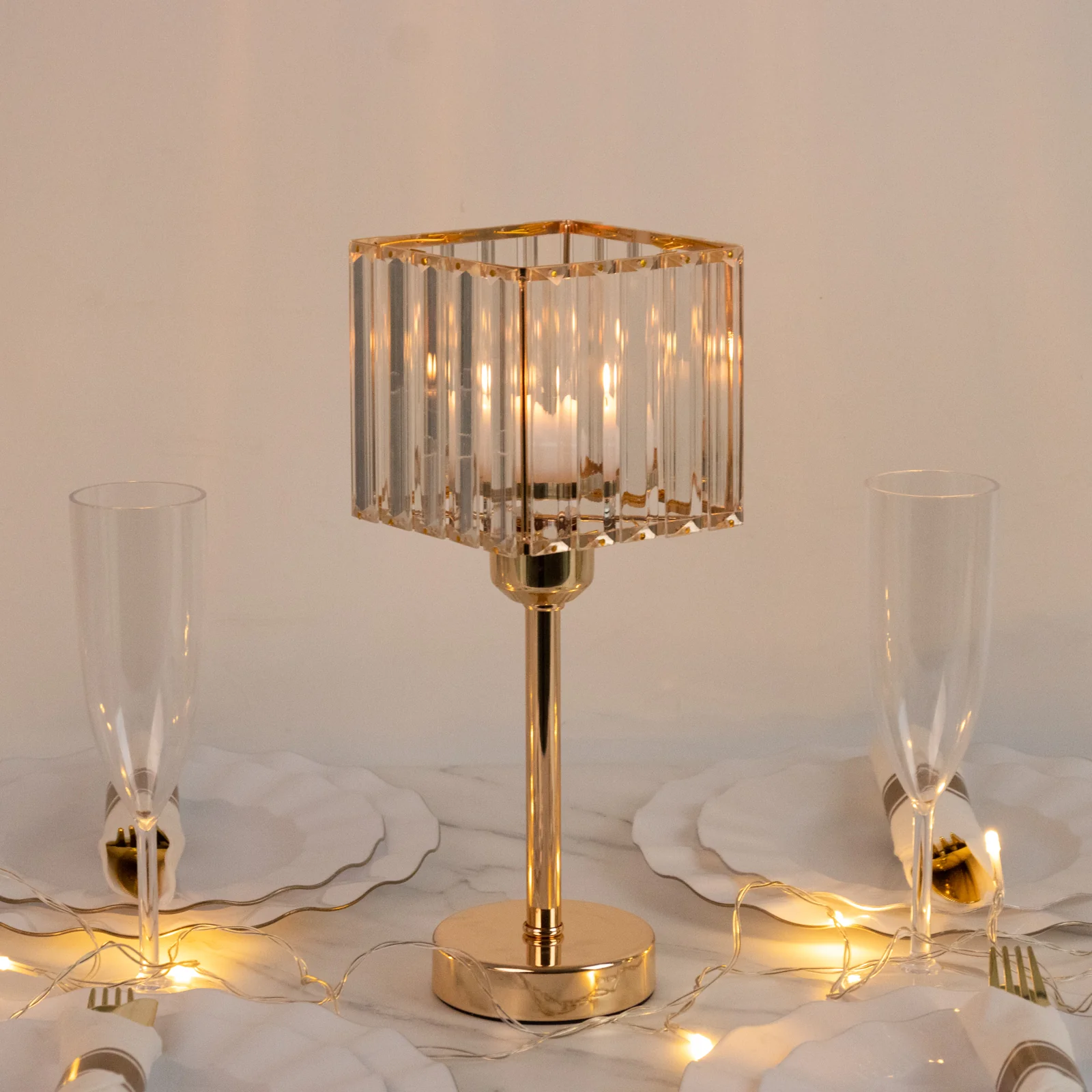 2 Pack Crystal Hurricane Candle Holders – 13" Gold Square Glass Pillar Candle Stands, Crystal Pendant Design
