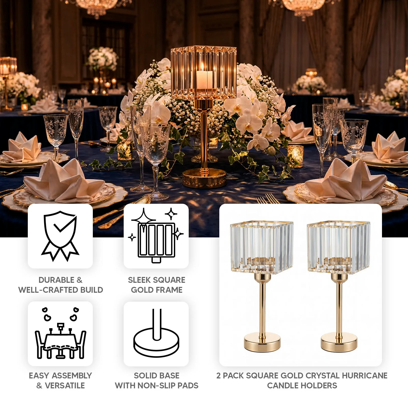 2 Pack Crystal Hurricane Candle Holders – 13" Gold Square Glass Pillar Candle Stands, Crystal Pendant Design - Image 4