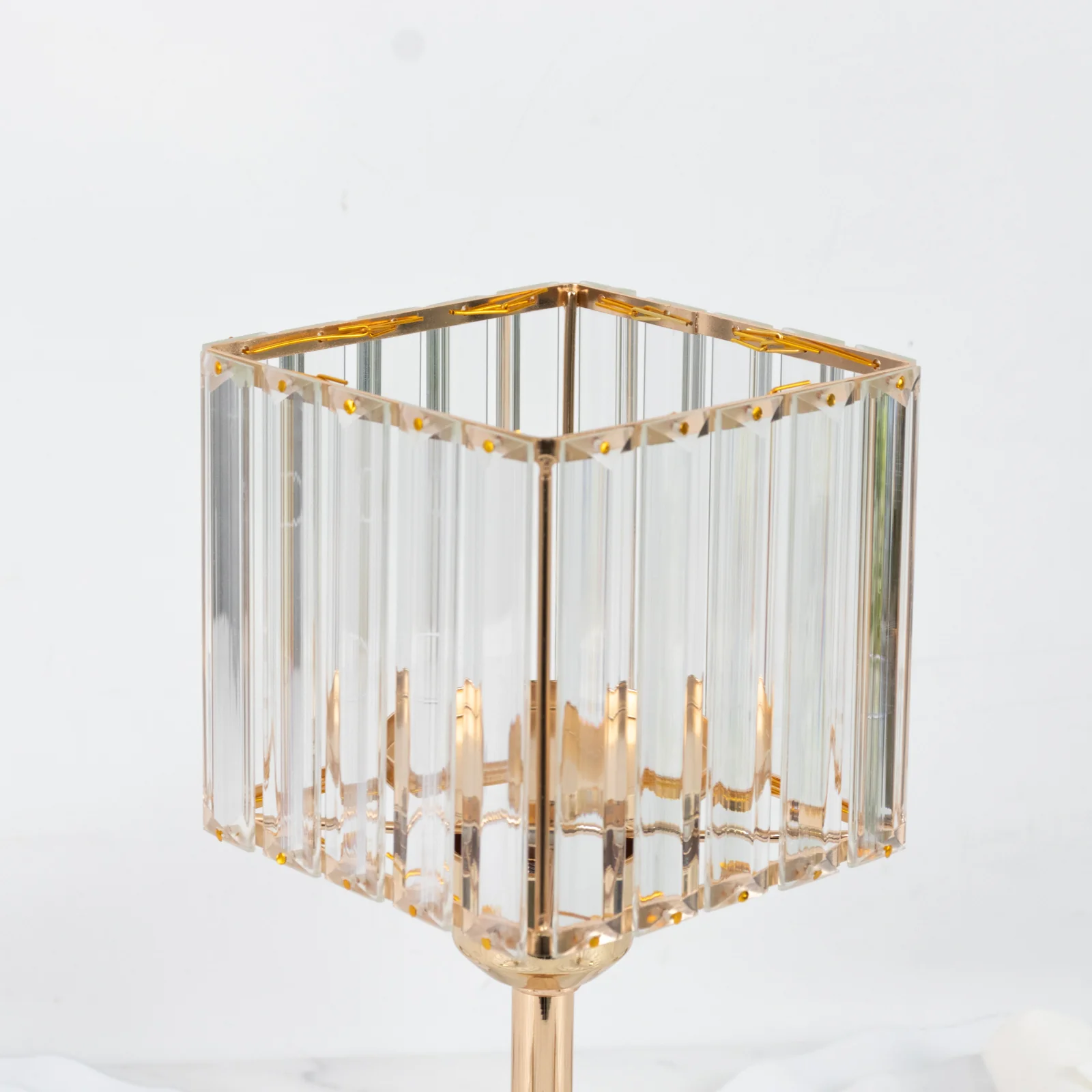 2 Pack Crystal Hurricane Candle Holders – 13" Gold Square Glass Pillar Candle Stands, Crystal Pendant Design - Image 6