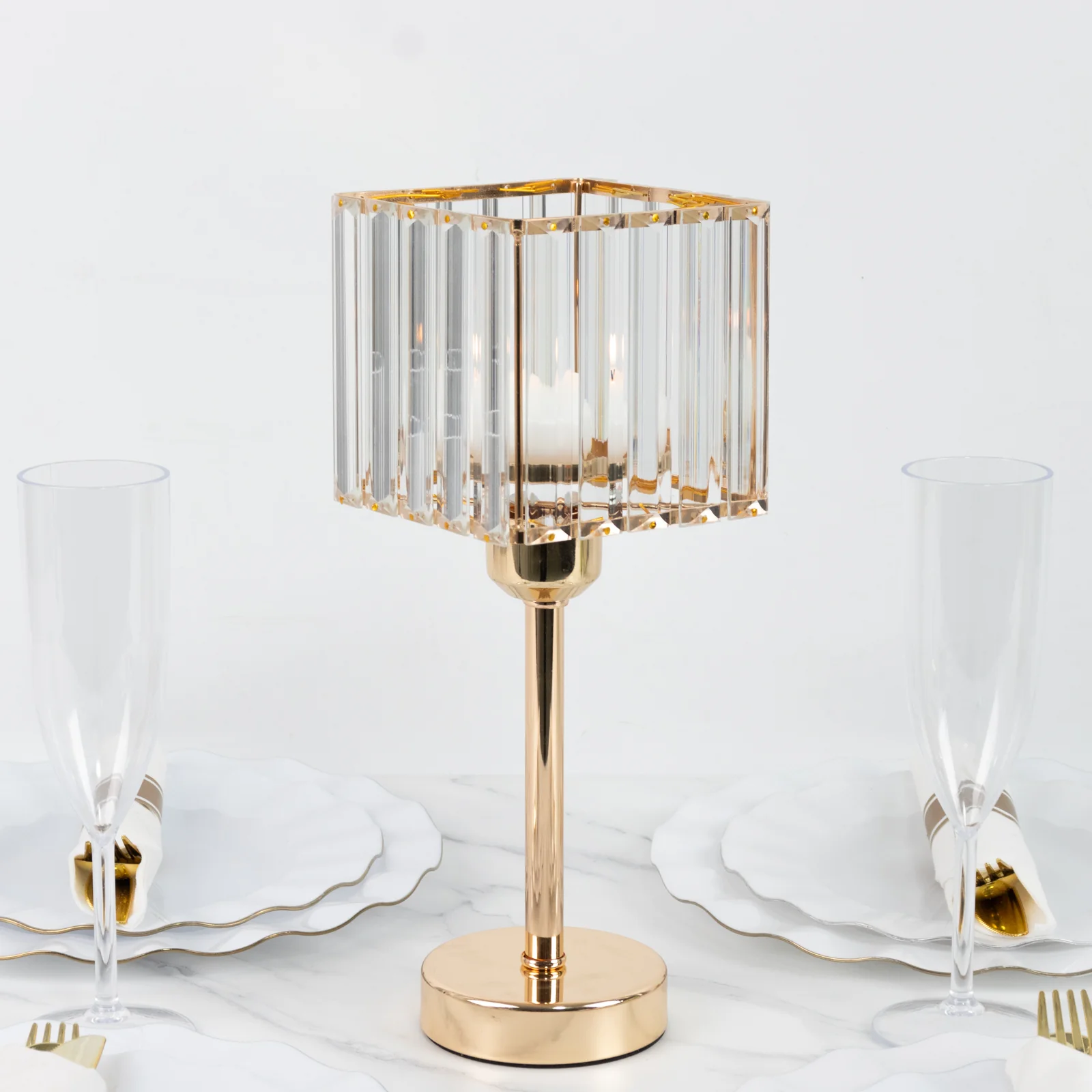 2 Pack Crystal Hurricane Candle Holders – 13" Gold Square Glass Pillar Candle Stands, Crystal Pendant Design - Image 8