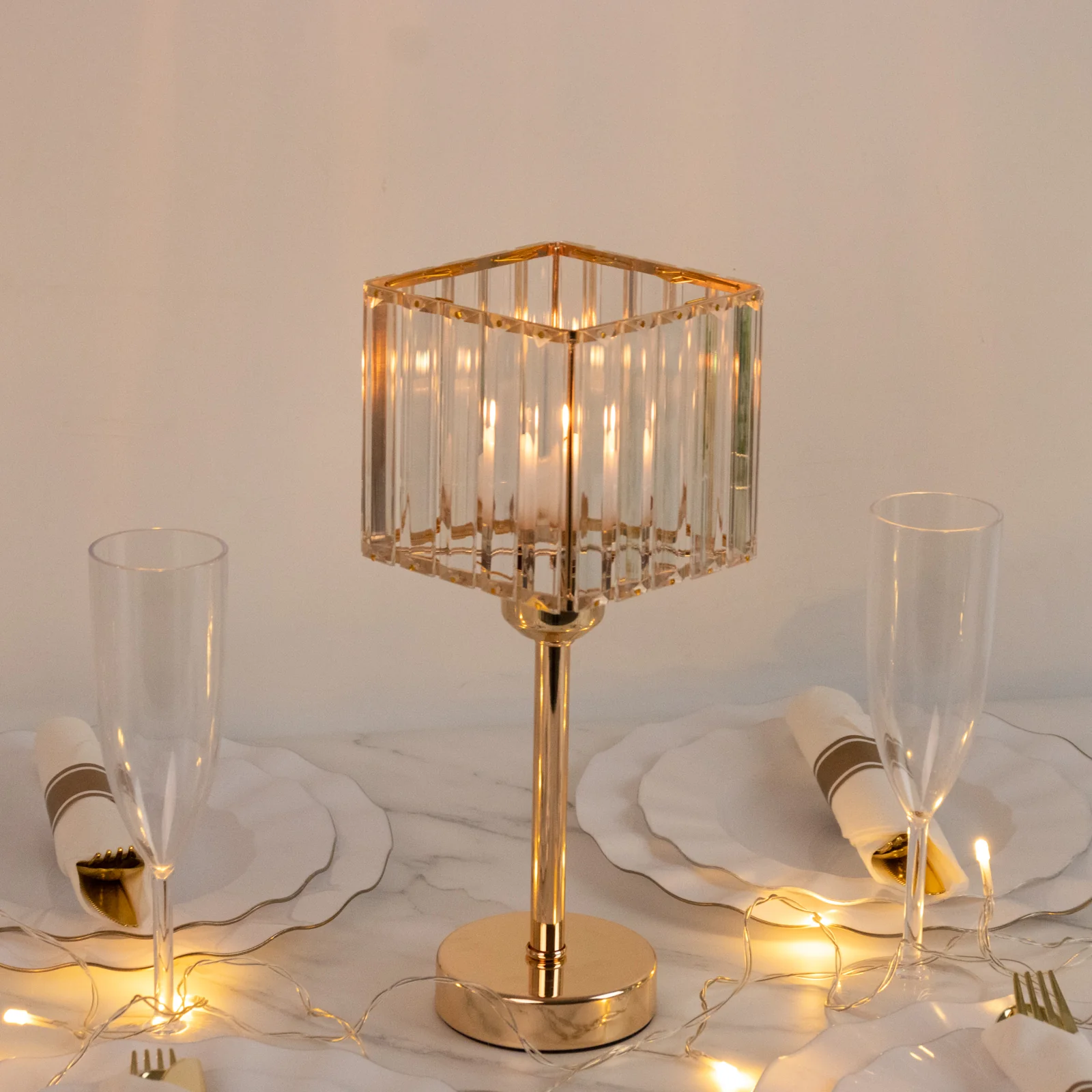 2 Pack Crystal Hurricane Candle Holders – 13" Gold Square Glass Pillar Candle Stands, Crystal Pendant Design - Image 9
