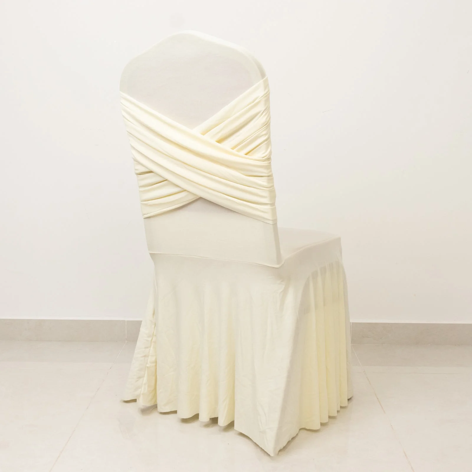Ivory Spandex Banquet Chair Cover with Ruffle Skirt & Cross Back Sash – Stretch Slipcover for Events - Image 6