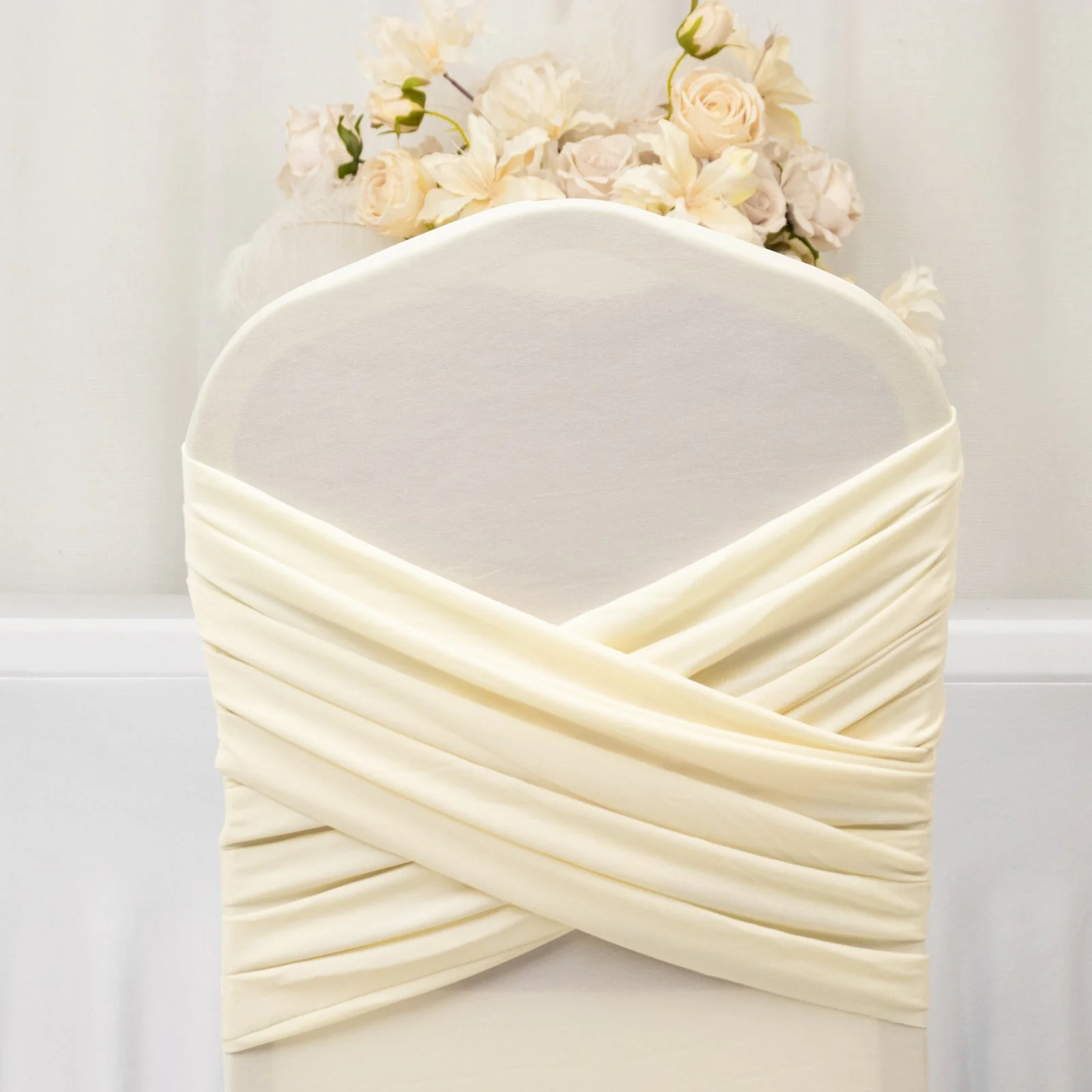Ivory Spandex Banquet Chair Cover with Ruffle Skirt & Cross Back Sash – Stretch Slipcover for Events - Image 7