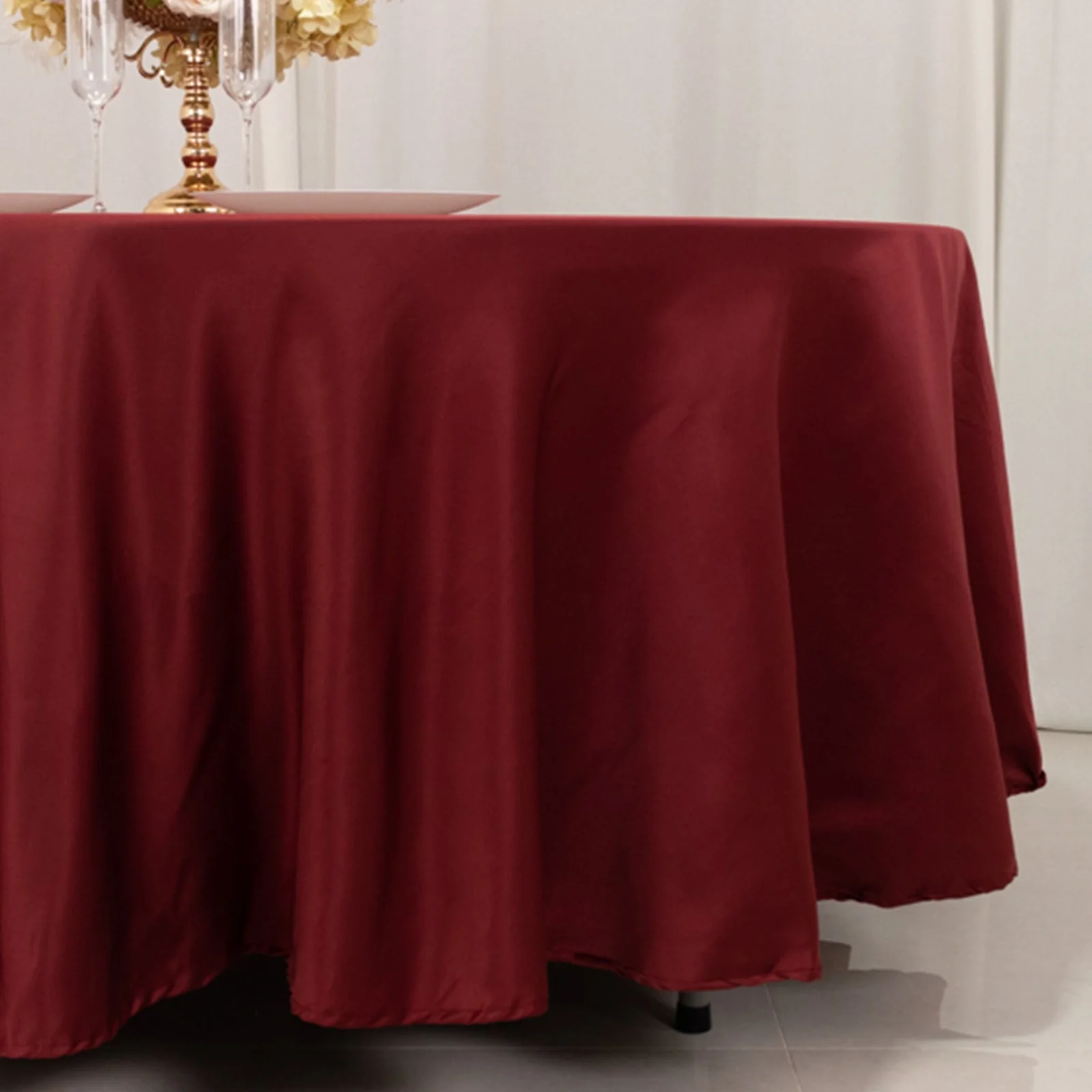 Lamour Satin 108" Round Tablecloth Burgundy - Durable & Silk-Like Table Cover - Image 2