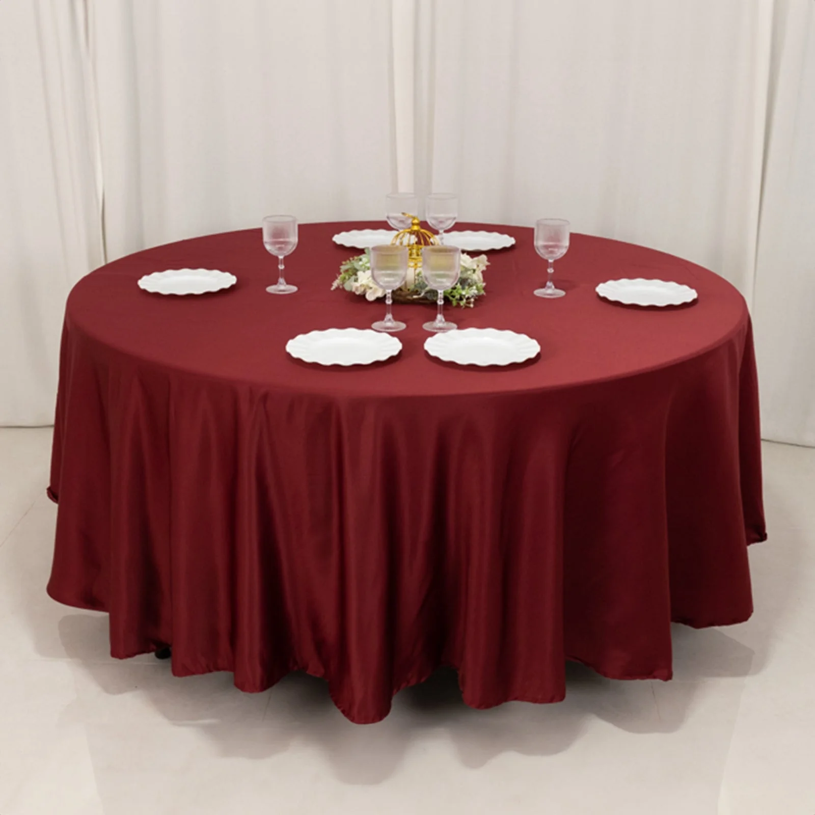 Lamour Satin 108" Round Tablecloth Burgundy - Durable & Silk-Like Table Cover - Image 6