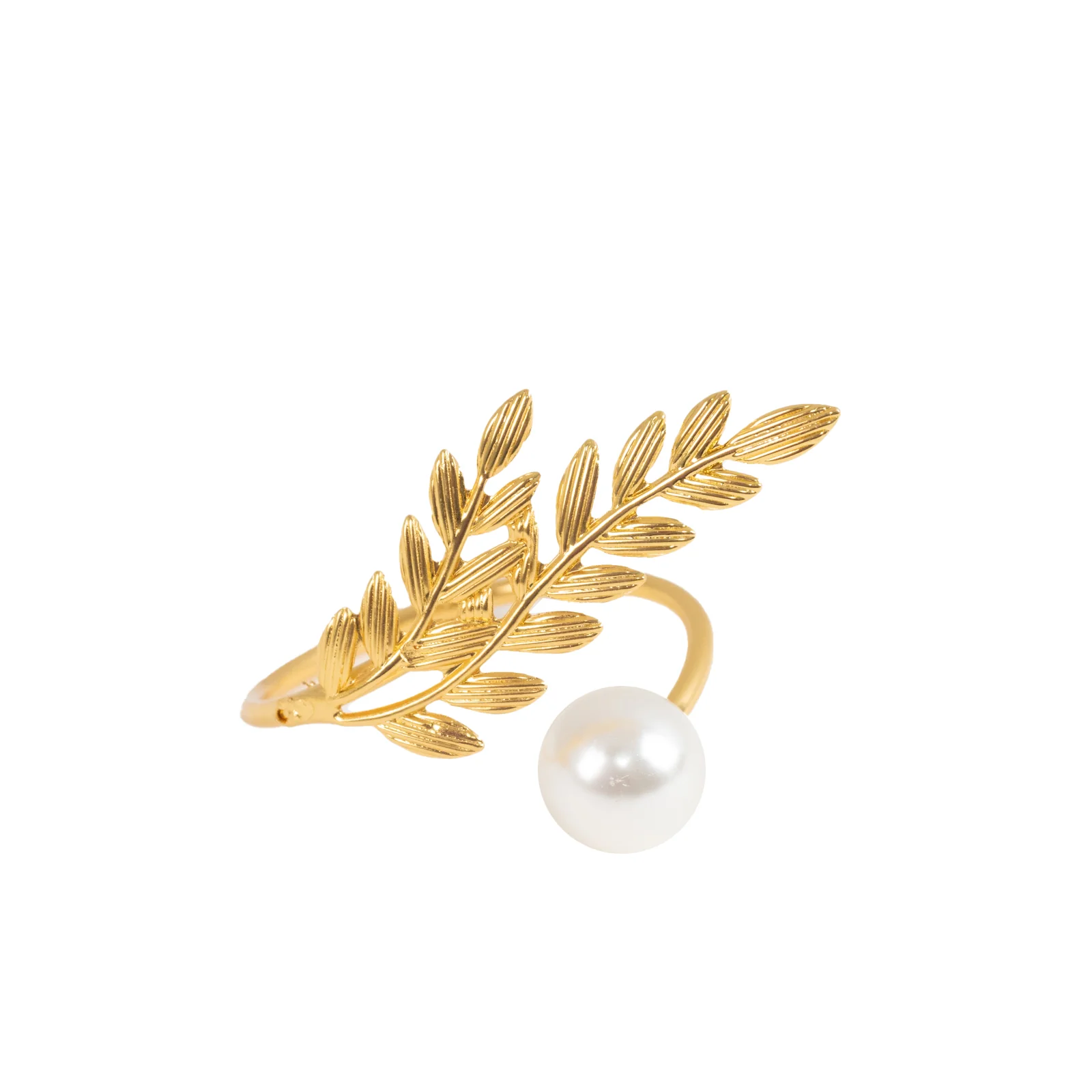 Gold Leaf Napkin Rings 10 Pack with White Pearl Accent – Metal Wheat Leaf Napkin Holders for Wedding Table Décor - 1.5" - Image 2