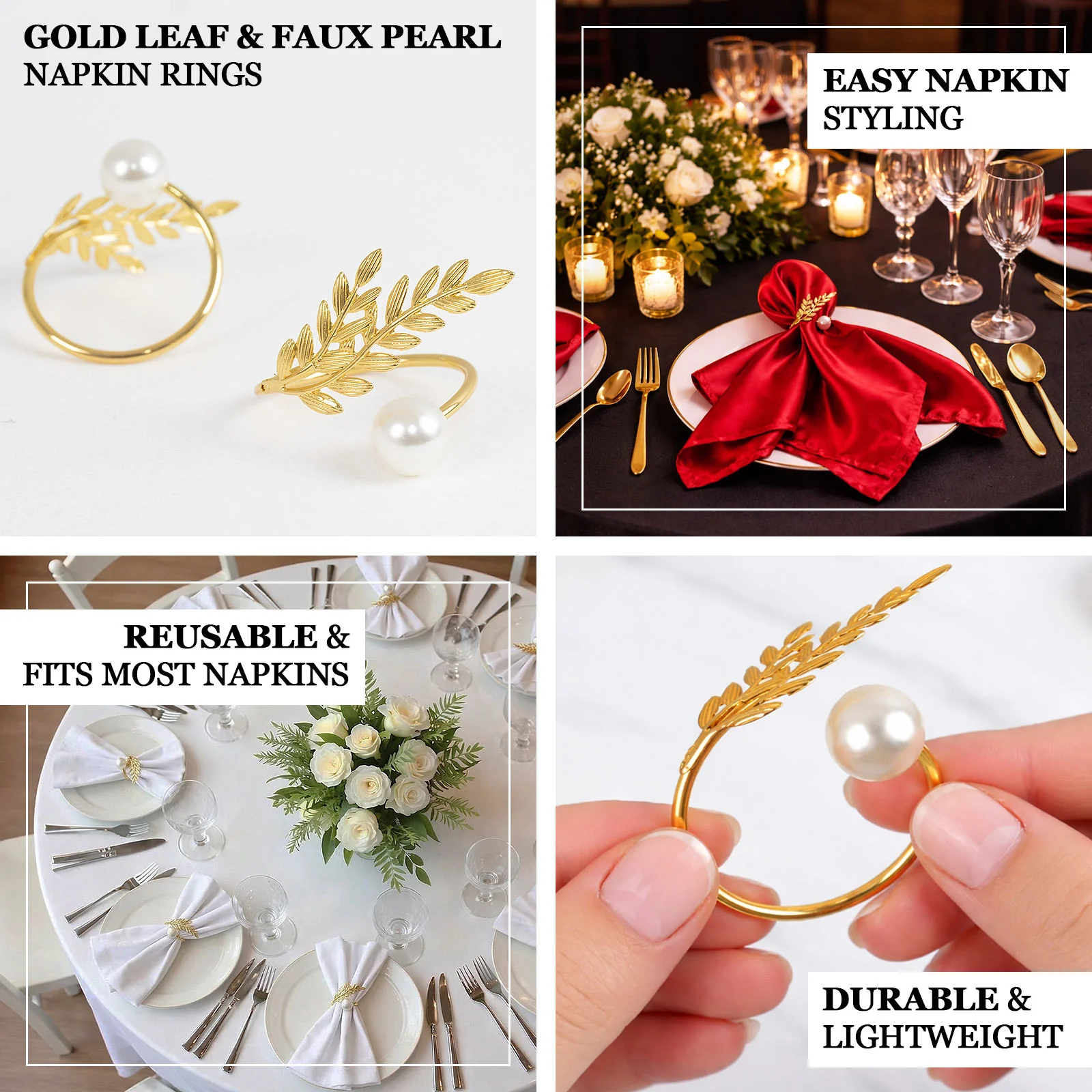 Gold Leaf Napkin Rings 10 Pack with White Pearl Accent – Metal Wheat Leaf Napkin Holders for Wedding Table Décor - 1.5" - Image 4