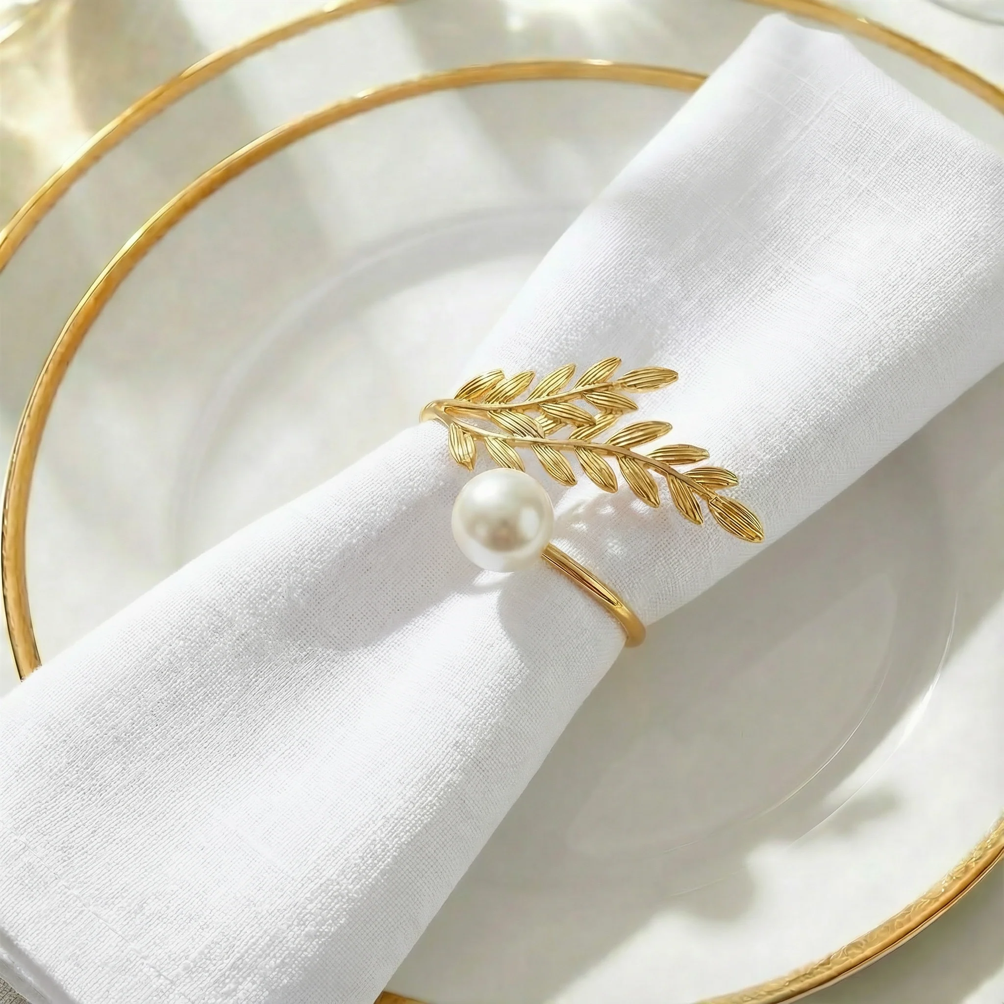 Gold Leaf Napkin Rings 10 Pack with White Pearl Accent – Metal Wheat Leaf Napkin Holders for Wedding Table Décor - 1.5" - Image 6