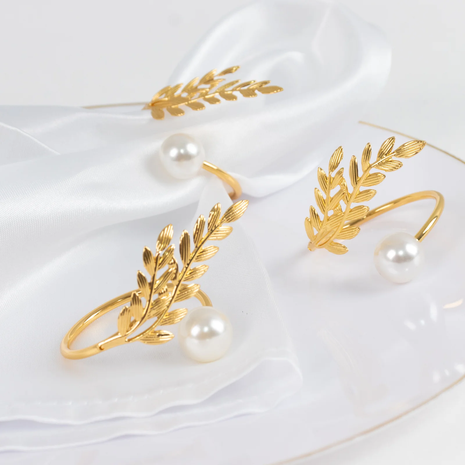 Gold Leaf Napkin Rings 10 Pack with White Pearl Accent – Metal Wheat Leaf Napkin Holders for Wedding Table Décor - 1.5" - Image 8