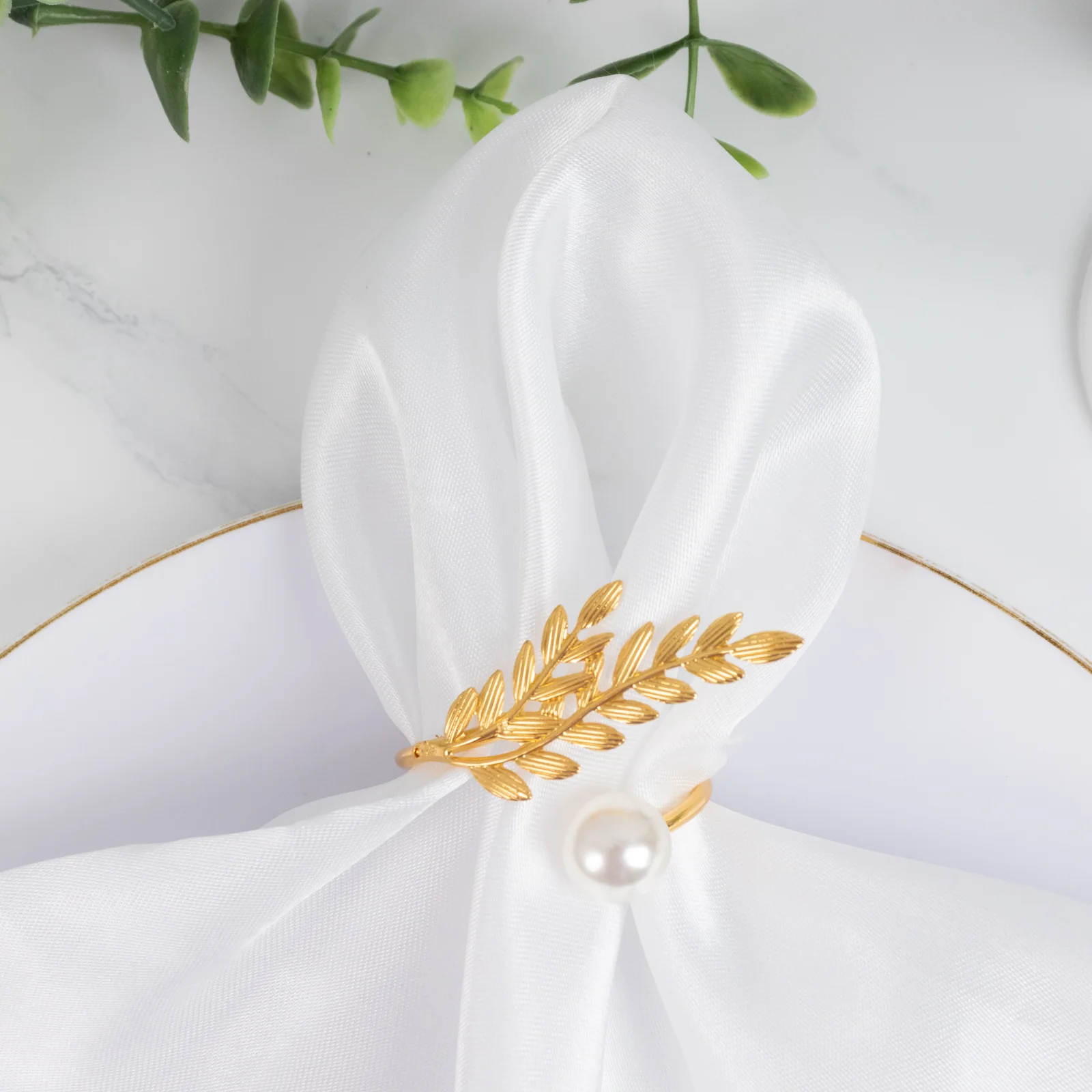 Gold Leaf Napkin Rings 10 Pack with White Pearl Accent – Metal Wheat Leaf Napkin Holders for Wedding Table Décor - 1.5" - Image 9
