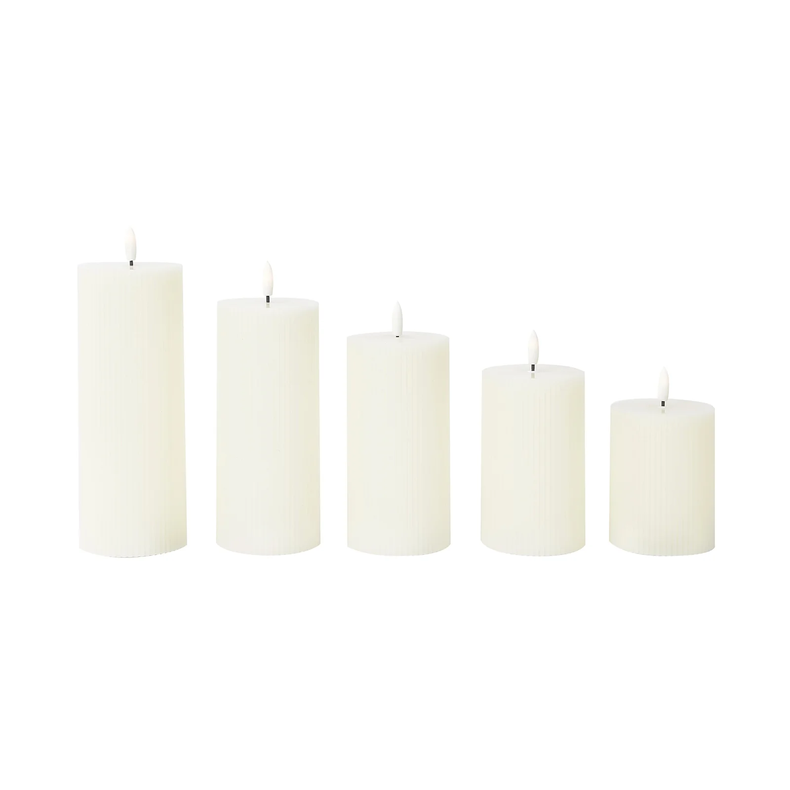 Ivory LED Flameless Pillar Candles – Set of 5 Battery Operated Flickering Candles, Real Wax Exterior, Ribbed Design, 4″–8″, Warm White - Image 2