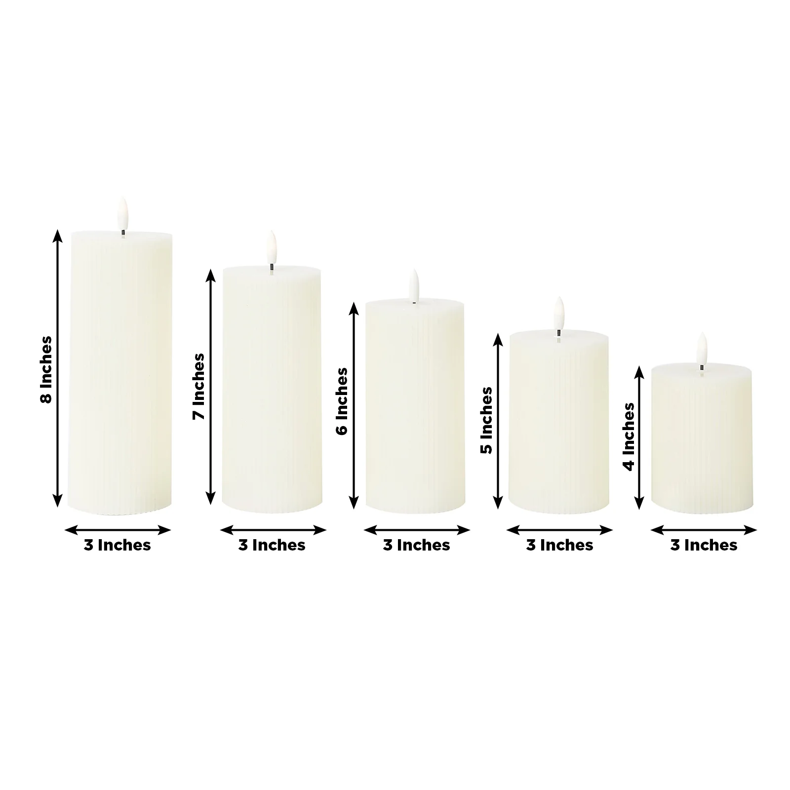 Ivory LED Flameless Pillar Candles – Set of 5 Battery Operated Flickering Candles, Real Wax Exterior, Ribbed Design, 4″–8″, Warm White - Image 3