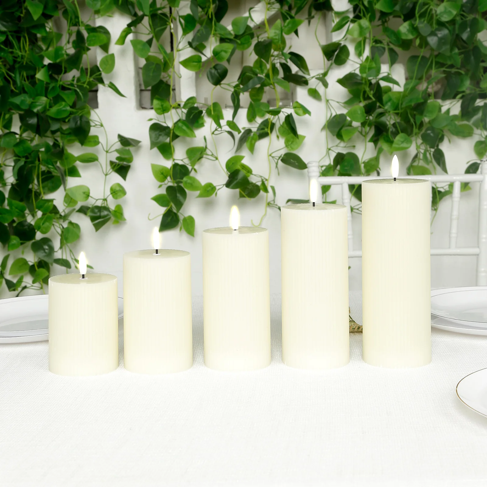 Ivory LED Flameless Pillar Candles – Set of 5 Battery Operated Flickering Candles, Real Wax Exterior, Ribbed Design, 4″–8″, Warm White - Image 7