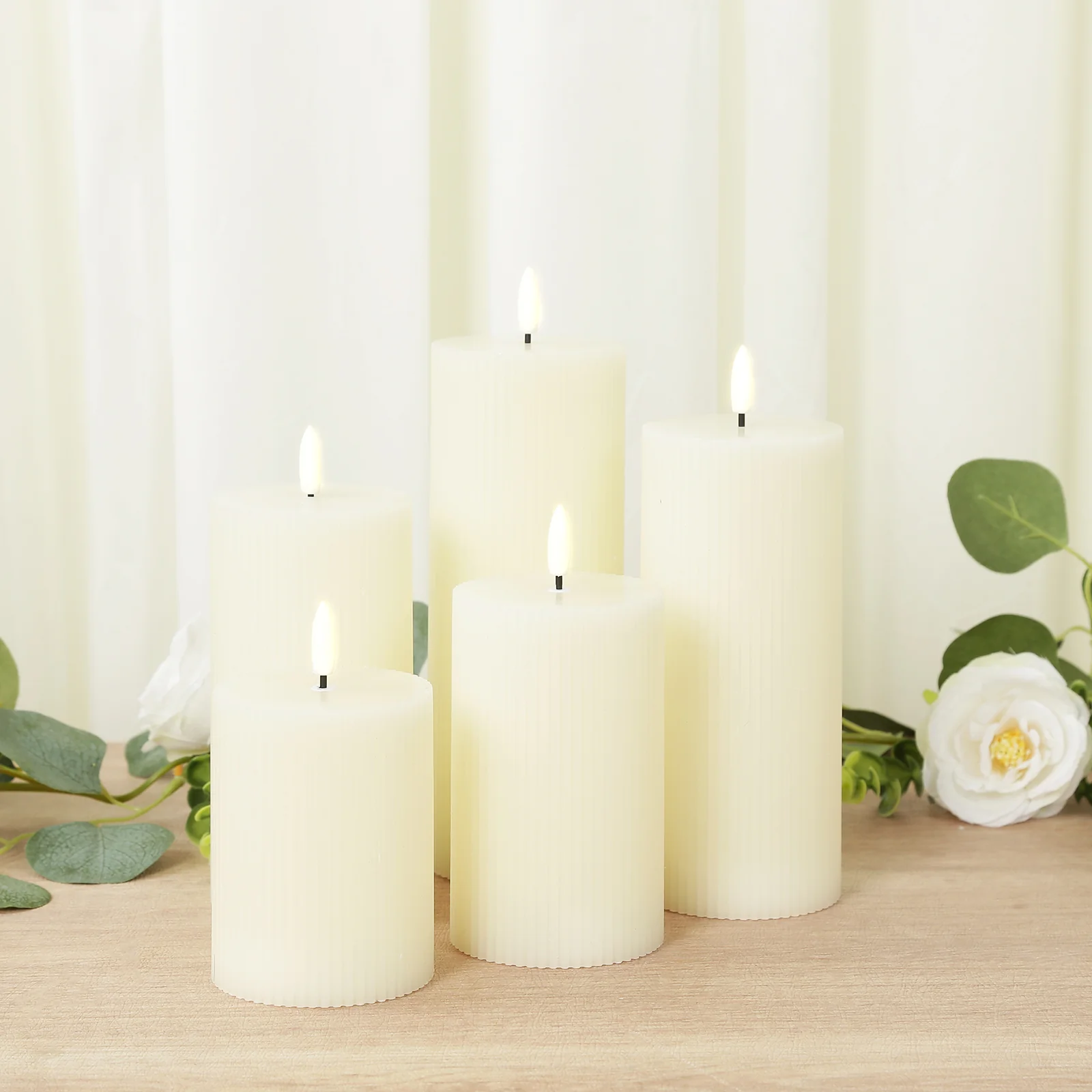 Ivory LED Flameless Pillar Candles – Set of 5 Battery Operated Flickering Candles, Real Wax Exterior, Ribbed Design, 4″–8″, Warm White - Image 8