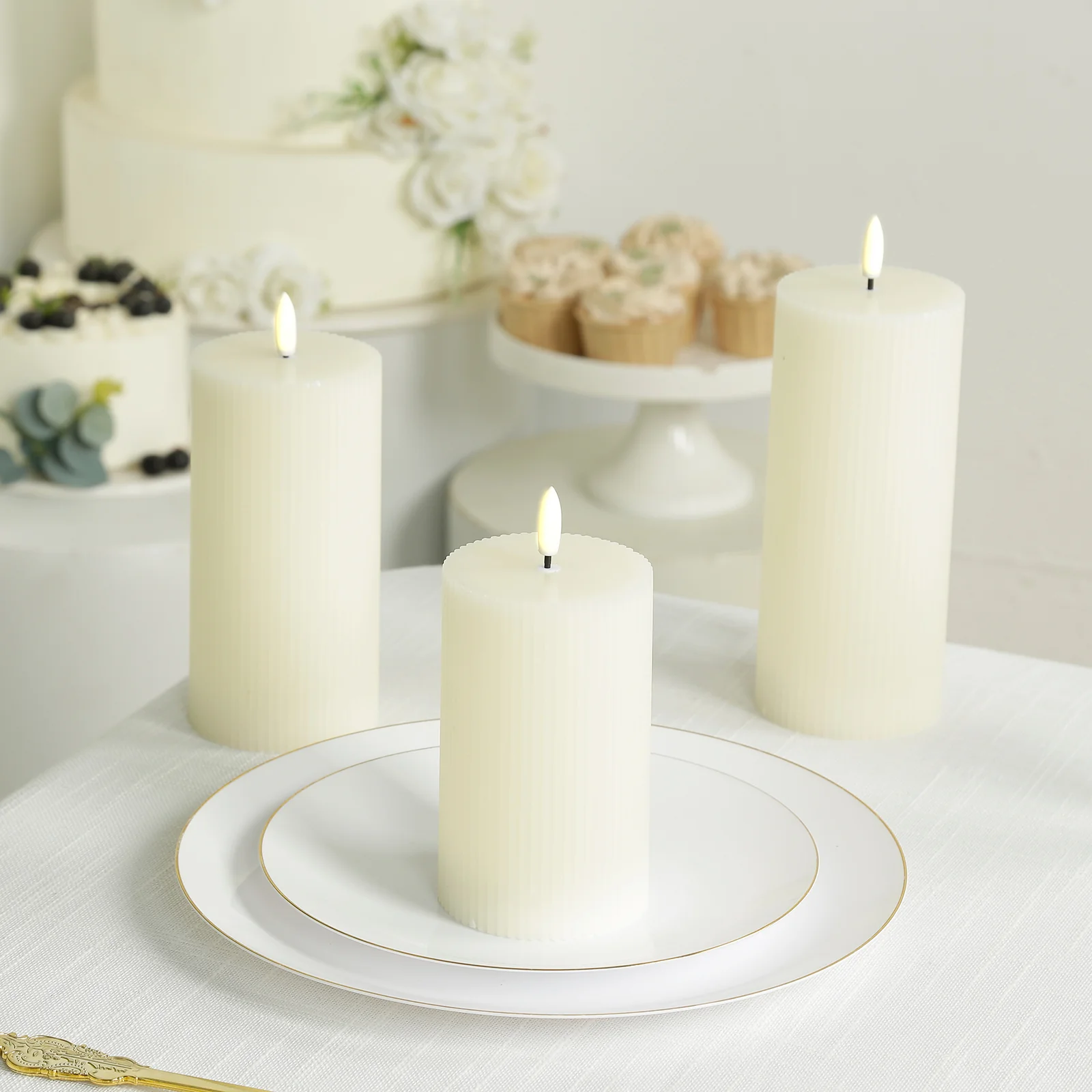 Ivory LED Flameless Pillar Candles – Set of 5 Battery Operated Flickering Candles, Real Wax Exterior, Ribbed Design, 4″–8″, Warm White - Image 9