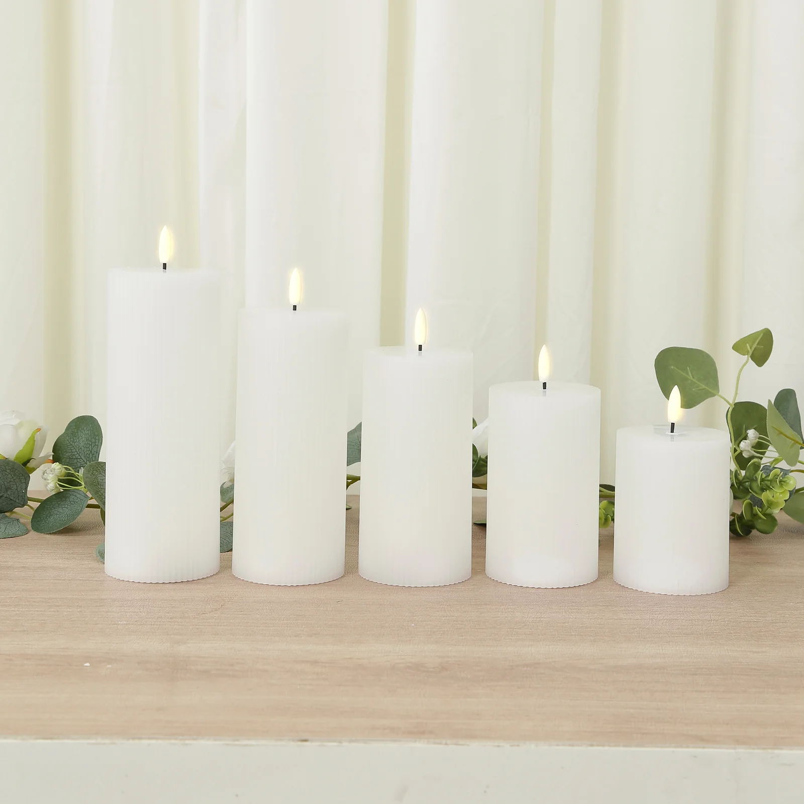 White LED Flameless Pillar Candles – Set of 5 Battery Operated Flickering Candles, Real Wax Exterior, Ribbed Design, 4″–8″, Warm White