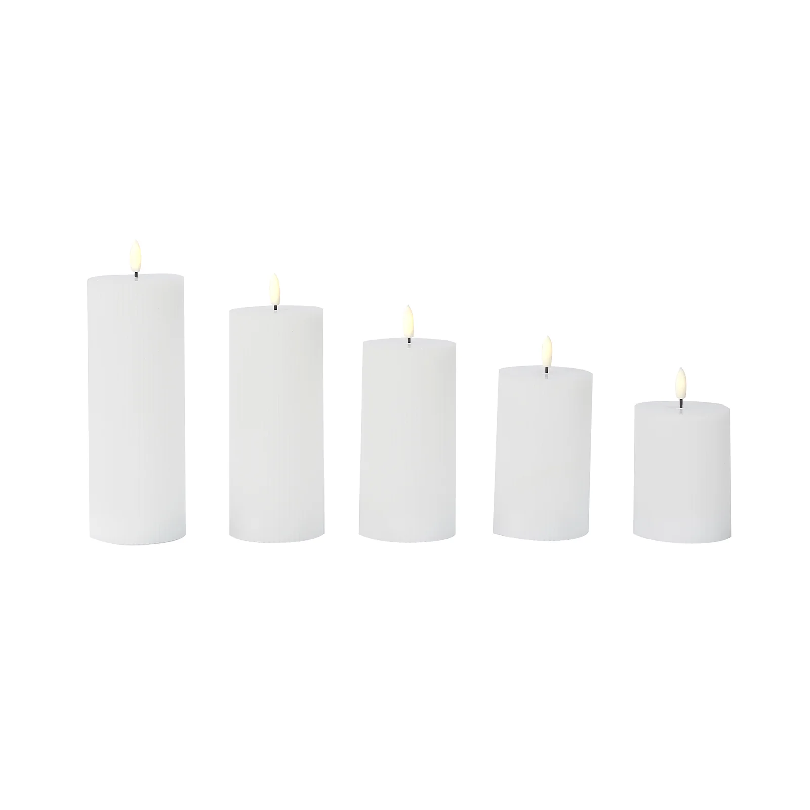 White LED Flameless Pillar Candles – Set of 5 Battery Operated Flickering Candles, Real Wax Exterior, Ribbed Design, 4″–8″, Warm White - Image 2