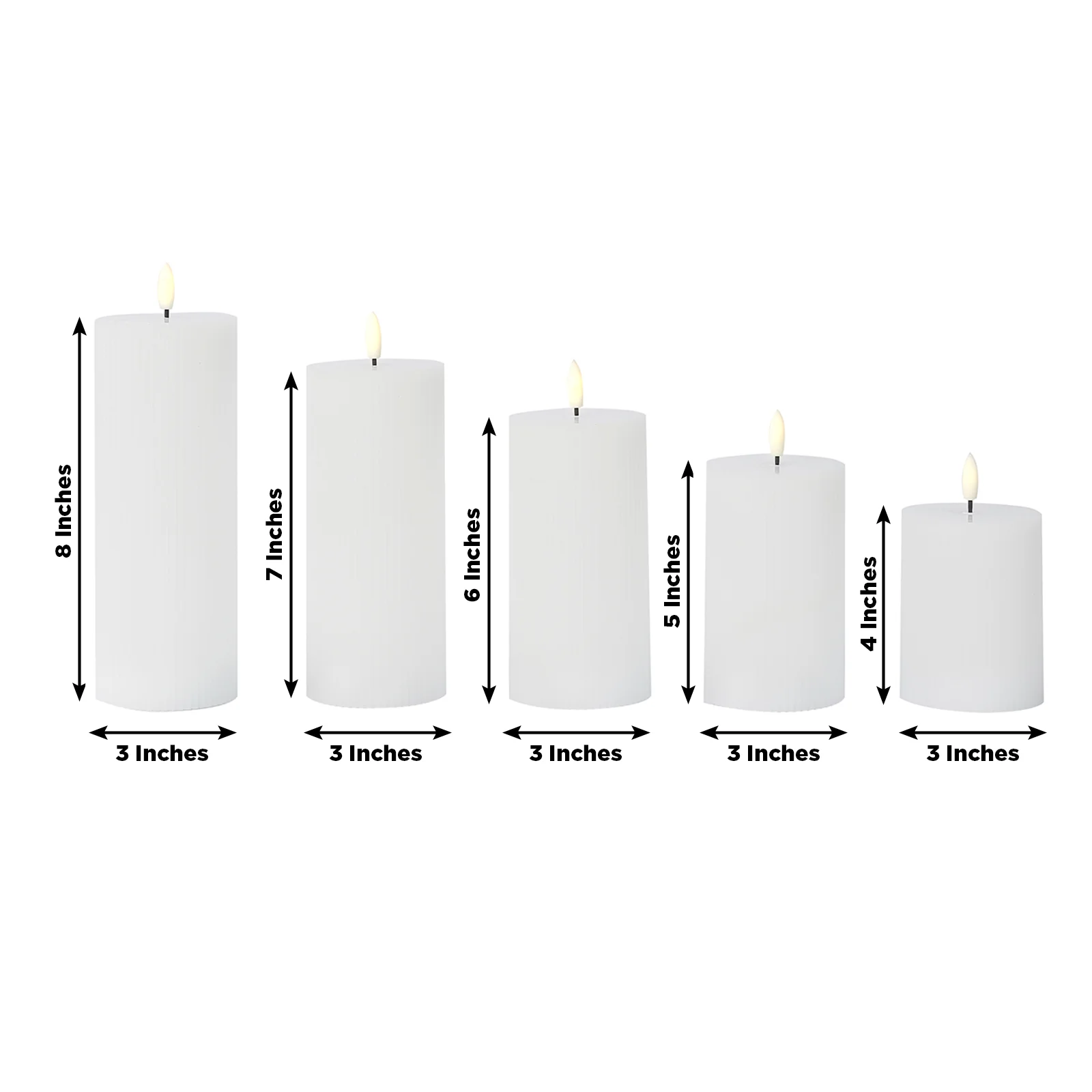 White LED Flameless Pillar Candles – Set of 5 Battery Operated Flickering Candles, Real Wax Exterior, Ribbed Design, 4″–8″, Warm White - Image 3