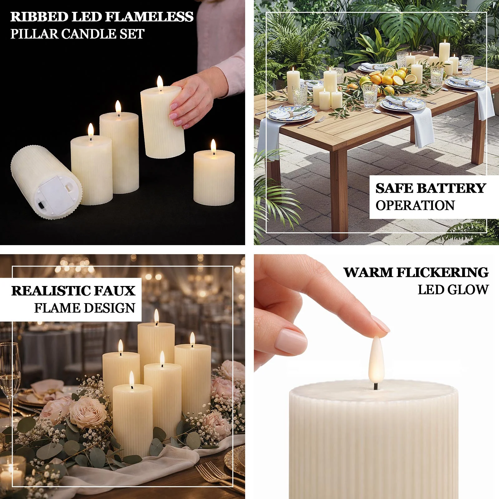 White LED Flameless Pillar Candles – Set of 5 Battery Operated Flickering Candles, Real Wax Exterior, Ribbed Design, 4″–8″, Warm White - Image 4