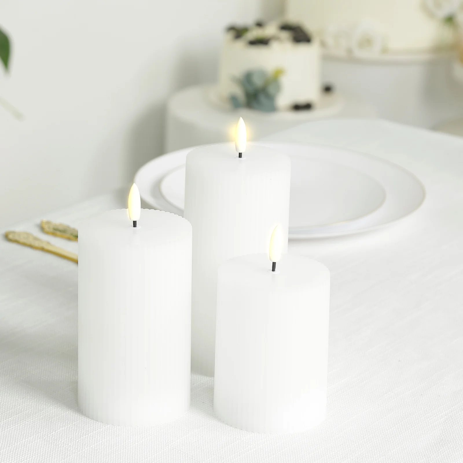 White LED Flameless Pillar Candles – Set of 5 Battery Operated Flickering Candles, Real Wax Exterior, Ribbed Design, 4″–8″, Warm White - Image 6