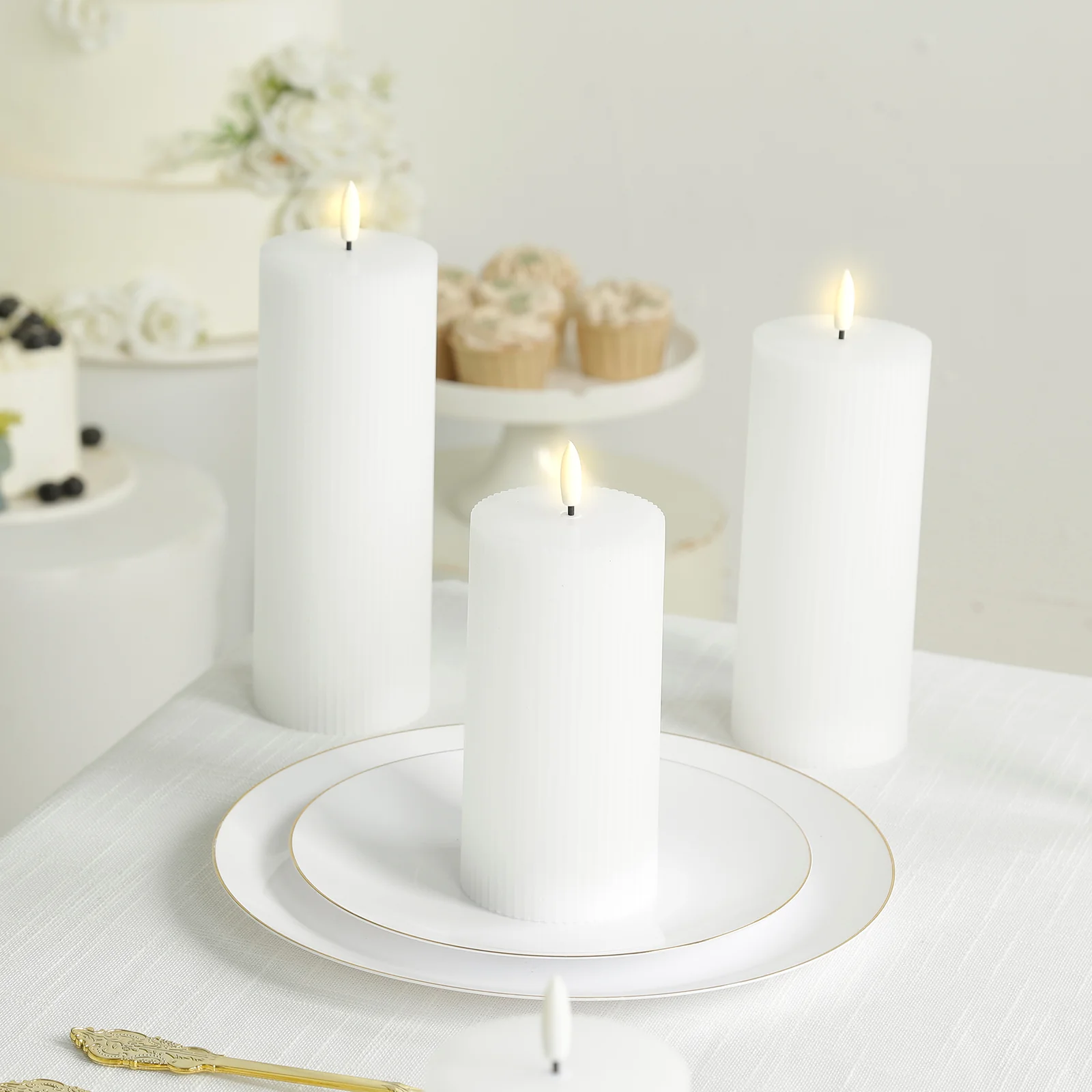White LED Flameless Pillar Candles – Set of 5 Battery Operated Flickering Candles, Real Wax Exterior, Ribbed Design, 4″–8″, Warm White - Image 7