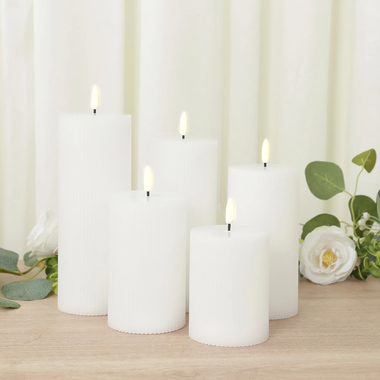 White LED Flameless Pillar Candles – Set of 5 Battery Operated Flickering Candles, Real Wax Exterior, Ribbed Design, 4″–8″, Warm White - Image 8