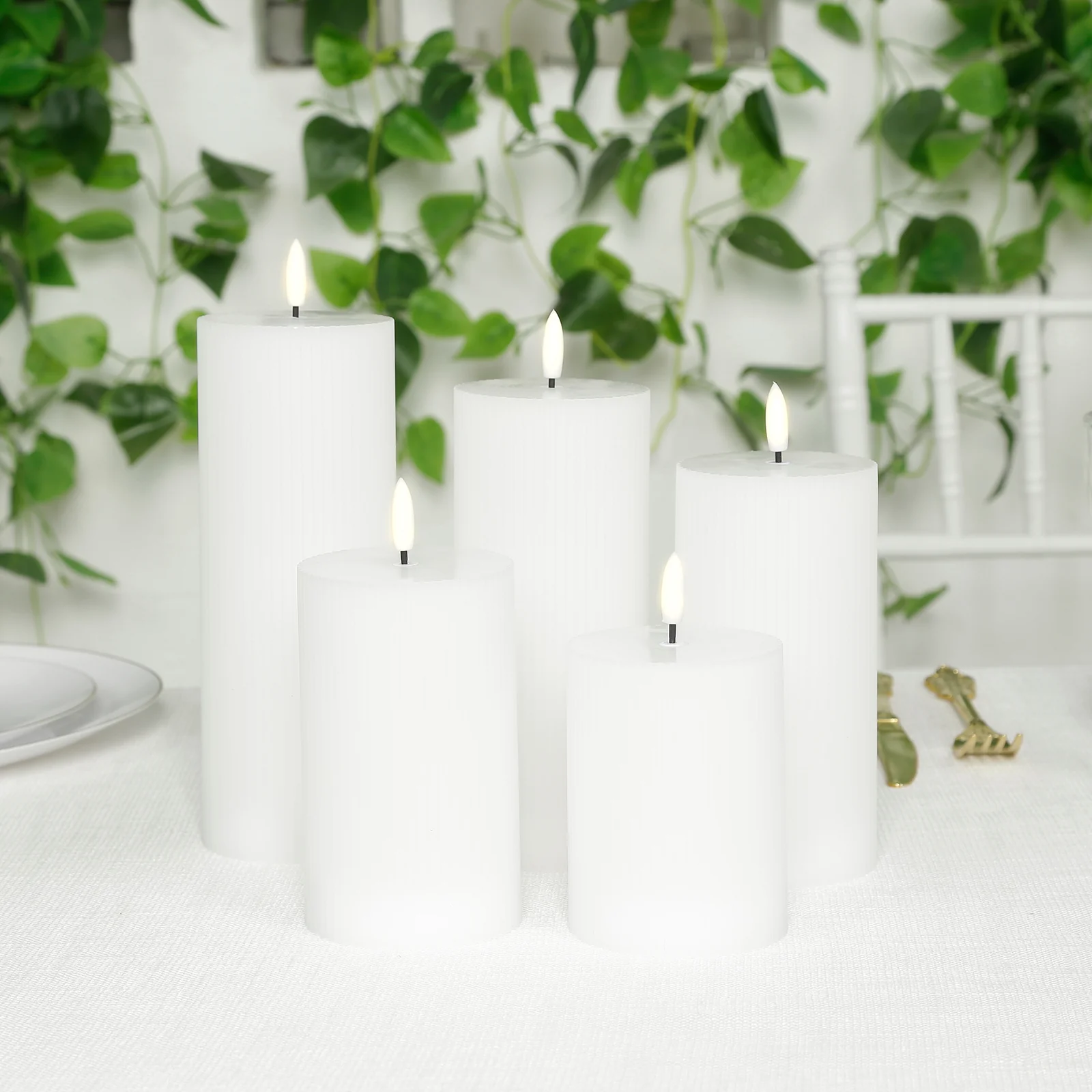 White LED Flameless Pillar Candles – Set of 5 Battery Operated Flickering Candles, Real Wax Exterior, Ribbed Design, 4″–8″, Warm White - Image 9