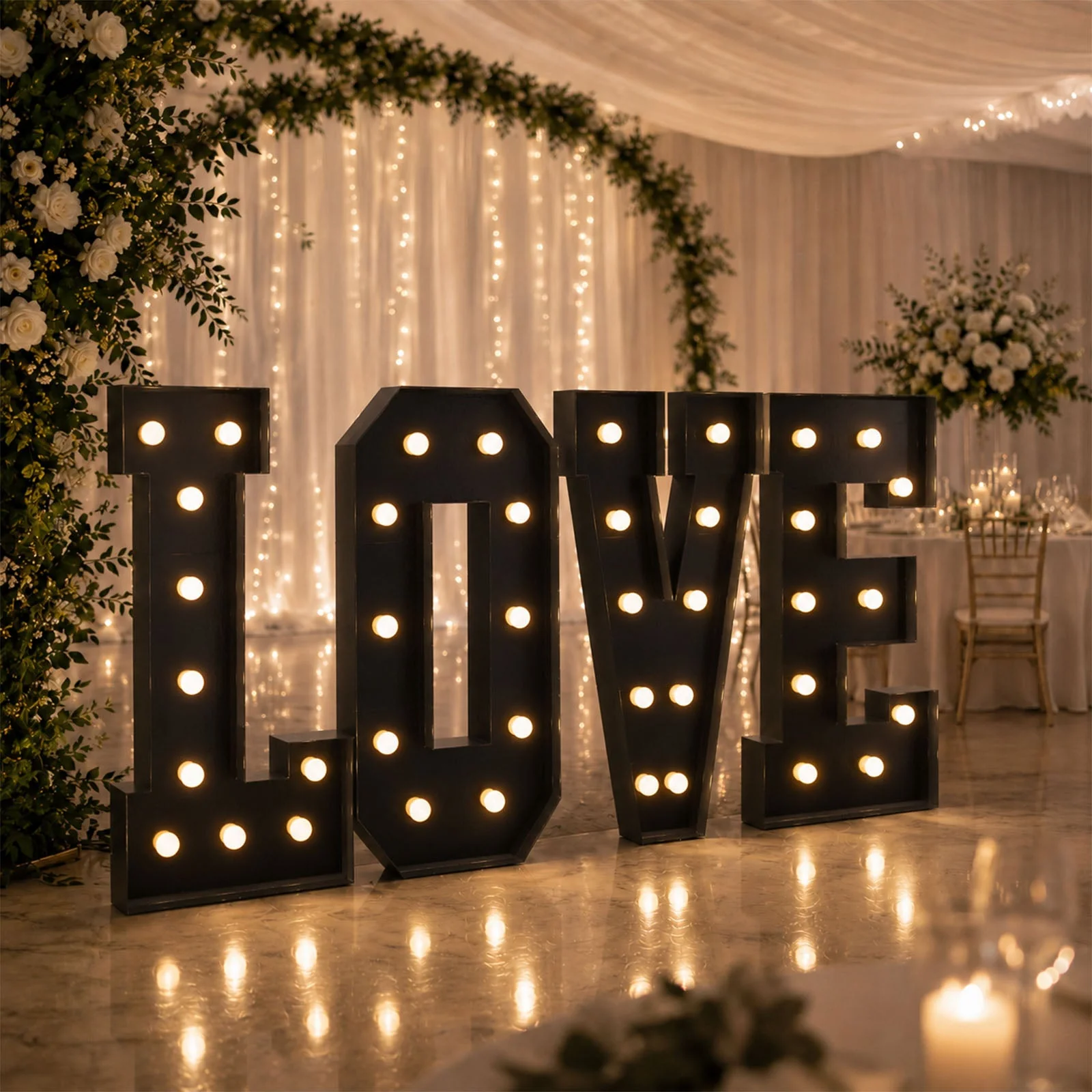 Giant LED Marquee Light Up Letters "LOVE", Black 4ft Pre-Cut Foam Board with Warm White Battery Operated LEDs, Glue Gun and Sticks