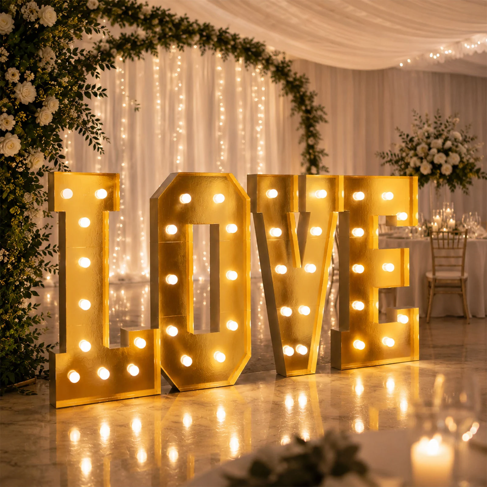Giant LED Marquee Light Up Letters "LOVE", Gold 4ft Pre-Cut Foam Board with Warm White Battery Operated LEDs, Glue Gun and Sticks
