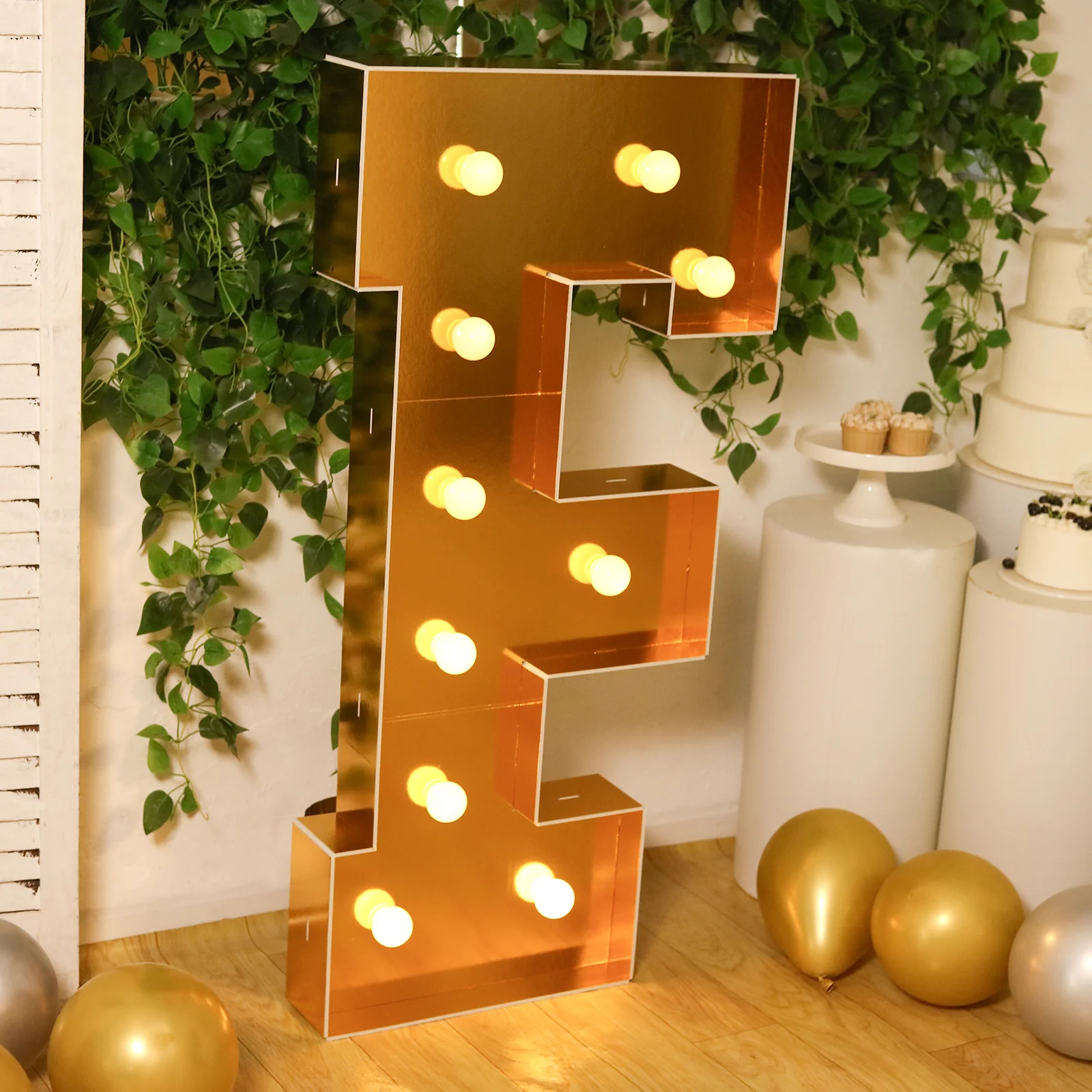 Giant LED Marquee Light Up Letter "F", Gold 4ft Pre-Cut Foam Board with 10 Warm White Battery Operated LEDs, Glue Gun and Sticks - Image 2
