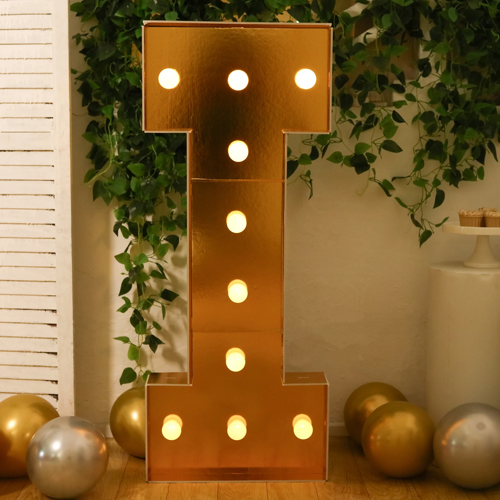 Giant LED Marquee Light Up Letter "I", Gold 4ft Pre-Cut Foam Board with 10 Warm White Battery Operated LEDs, Glue Gun and Sticks