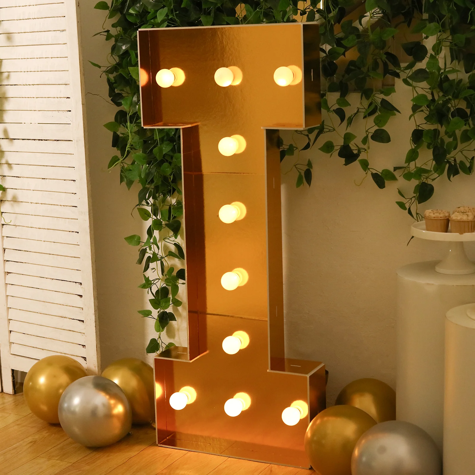 Giant LED Marquee Light Up Letter "I", Gold 4ft Pre-Cut Foam Board with 10 Warm White Battery Operated LEDs, Glue Gun and Sticks - Image 2