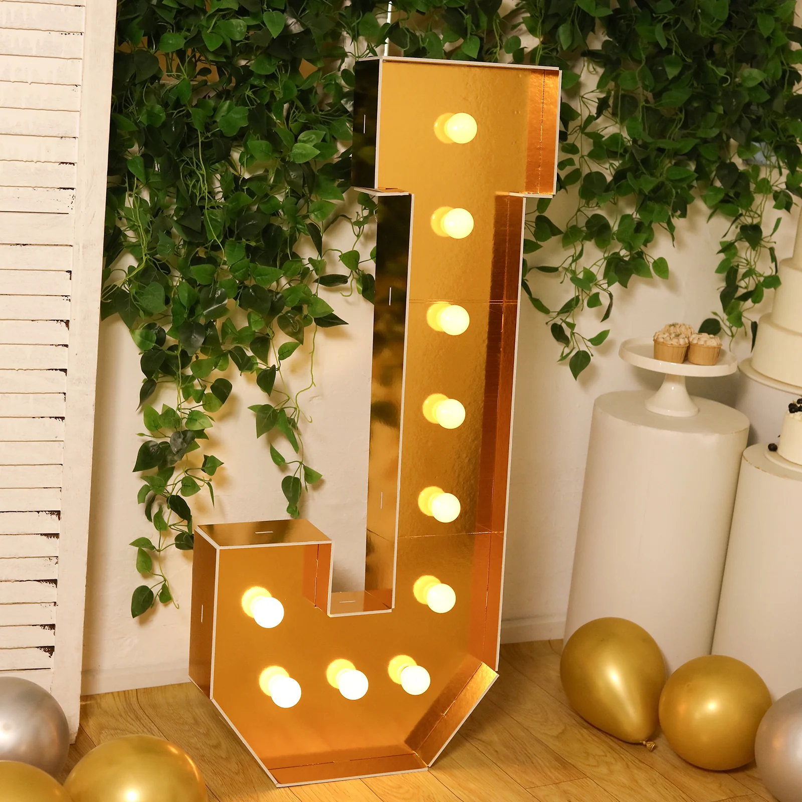 Giant LED Marquee Light Up Letter "J", Gold 4ft Pre-Cut Foam Board with 10 Warm White Battery Operated LEDs, Glue Gun and Sticks - Image 2