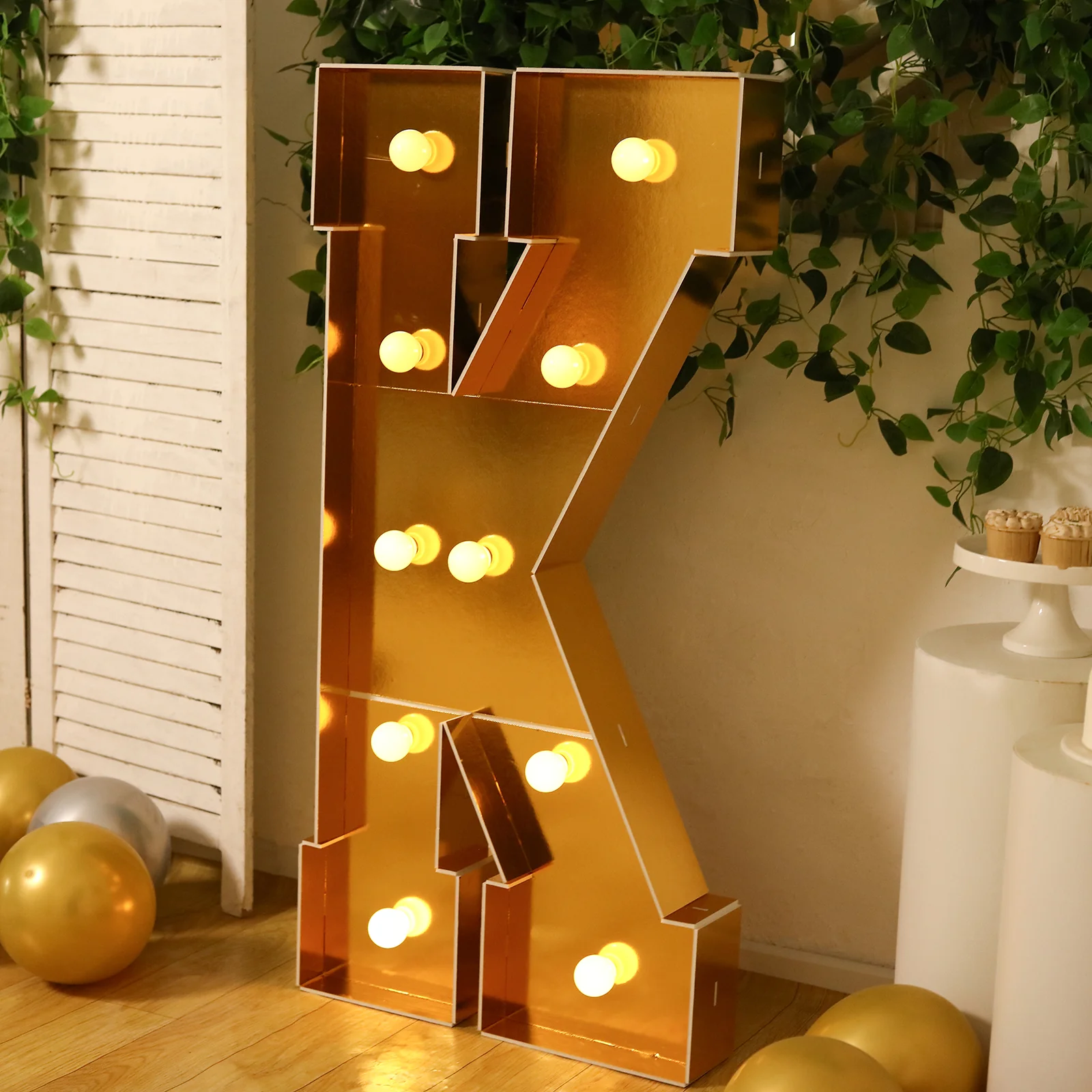 Giant LED Marquee Light Up Letter "K", Gold 4ft Pre-Cut Foam Board with 10 Warm White Battery Operated LEDs, Glue Gun and Sticks - Image 2