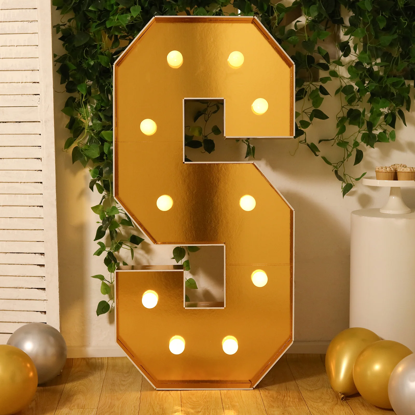 Giant LED Marquee Light Up Letter "S", Gold 4ft Pre-Cut Foam Board with 10 Warm White Battery Operated LEDs, Glue Gun and Sticks