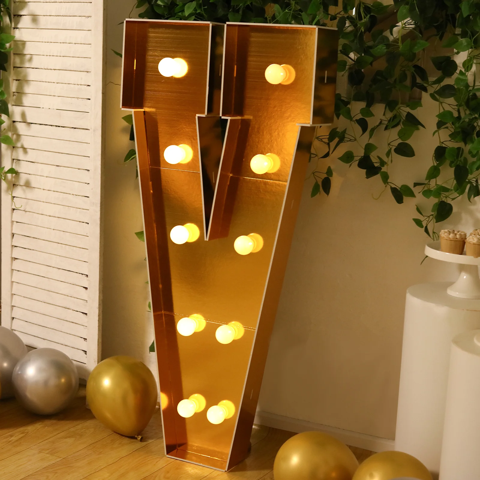Giant LED Marquee Light Up Letter "V", Gold 4ft Pre-Cut Foam Board with 10 Warm White Battery Operated LEDs, Glue Gun and Sticks - Image 6