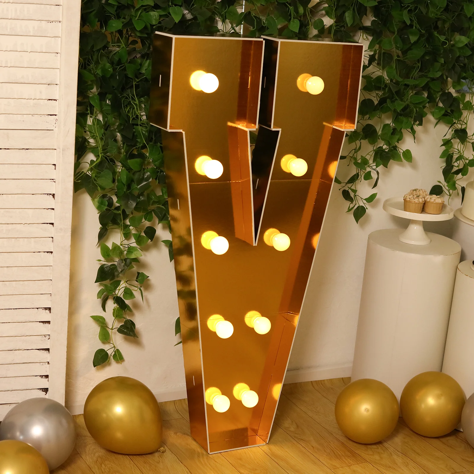 Giant LED Marquee Light Up Letter "V", Gold 4ft Pre-Cut Foam Board with 10 Warm White Battery Operated LEDs, Glue Gun and Sticks - Image 8