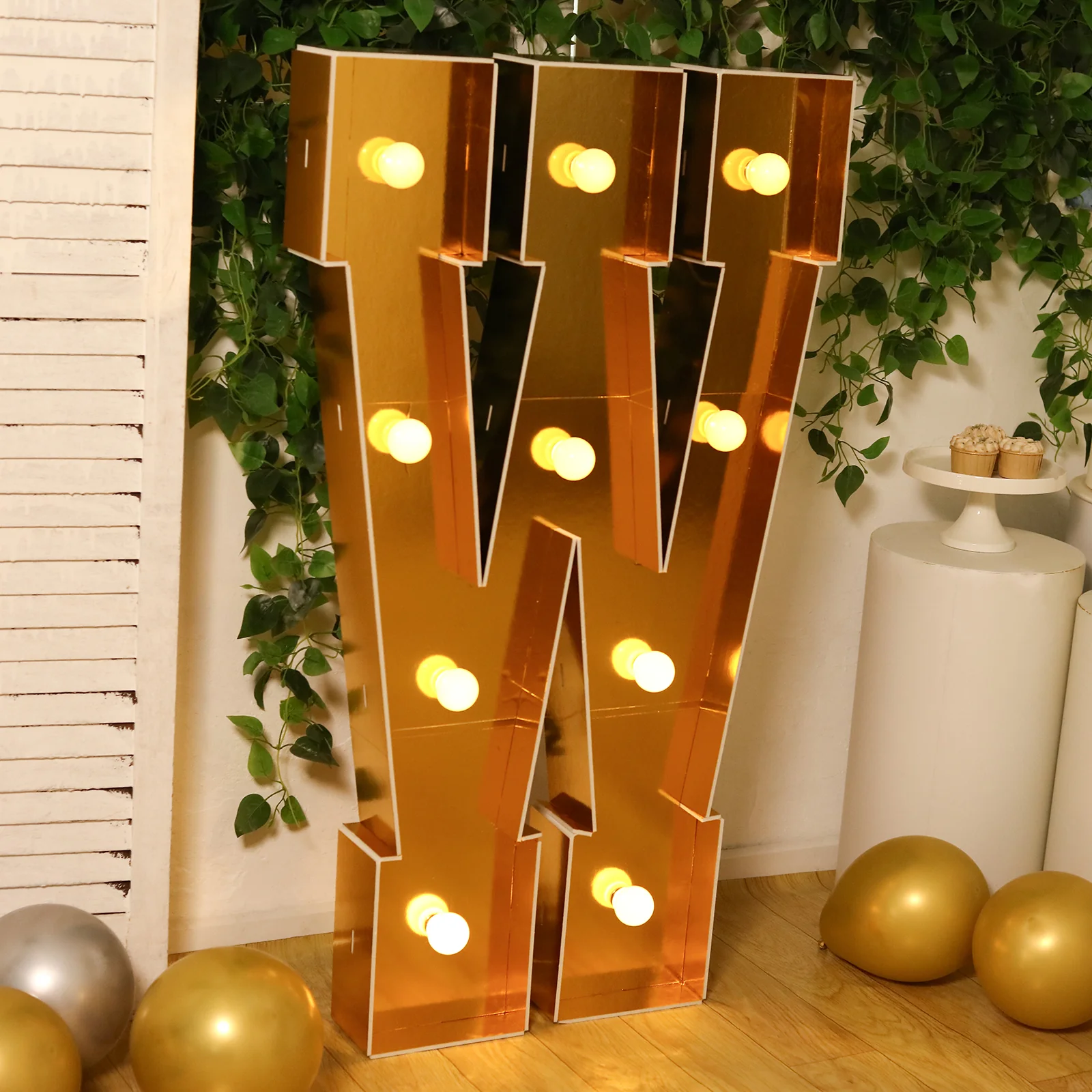 Giant LED Marquee Light Up Letter "W", Gold 4ft Pre-Cut Foam Board with 10 Warm White Battery Operated LEDs, Glue Gun and Sticks - Image 2