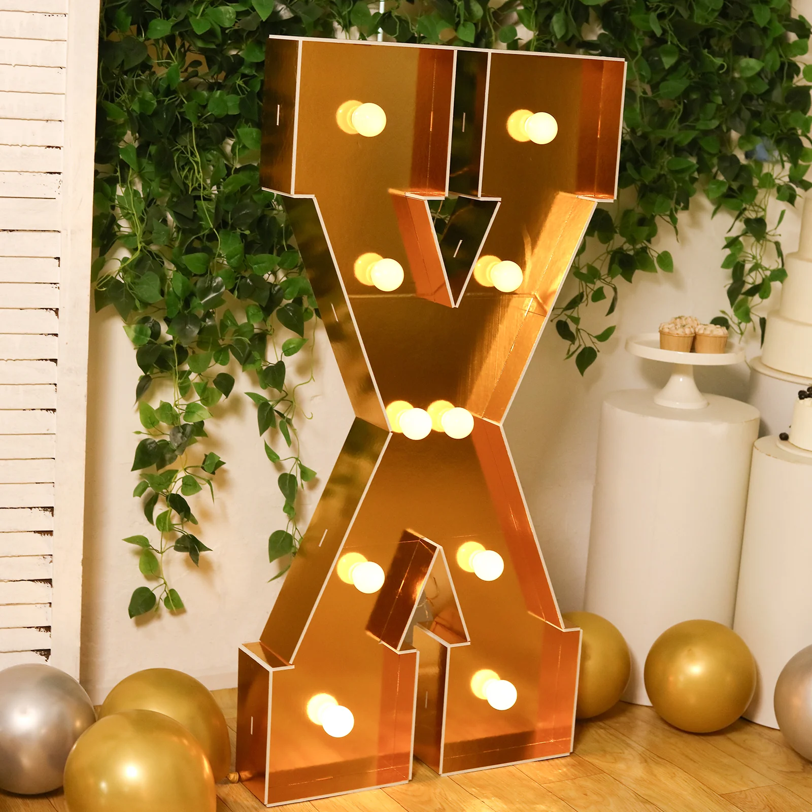 Giant LED Marquee Light Up Letter "X", Gold 4ft Pre-Cut Foam Board with 10 Warm White Battery Operated LEDs, Glue Gun and Sticks - Image 2