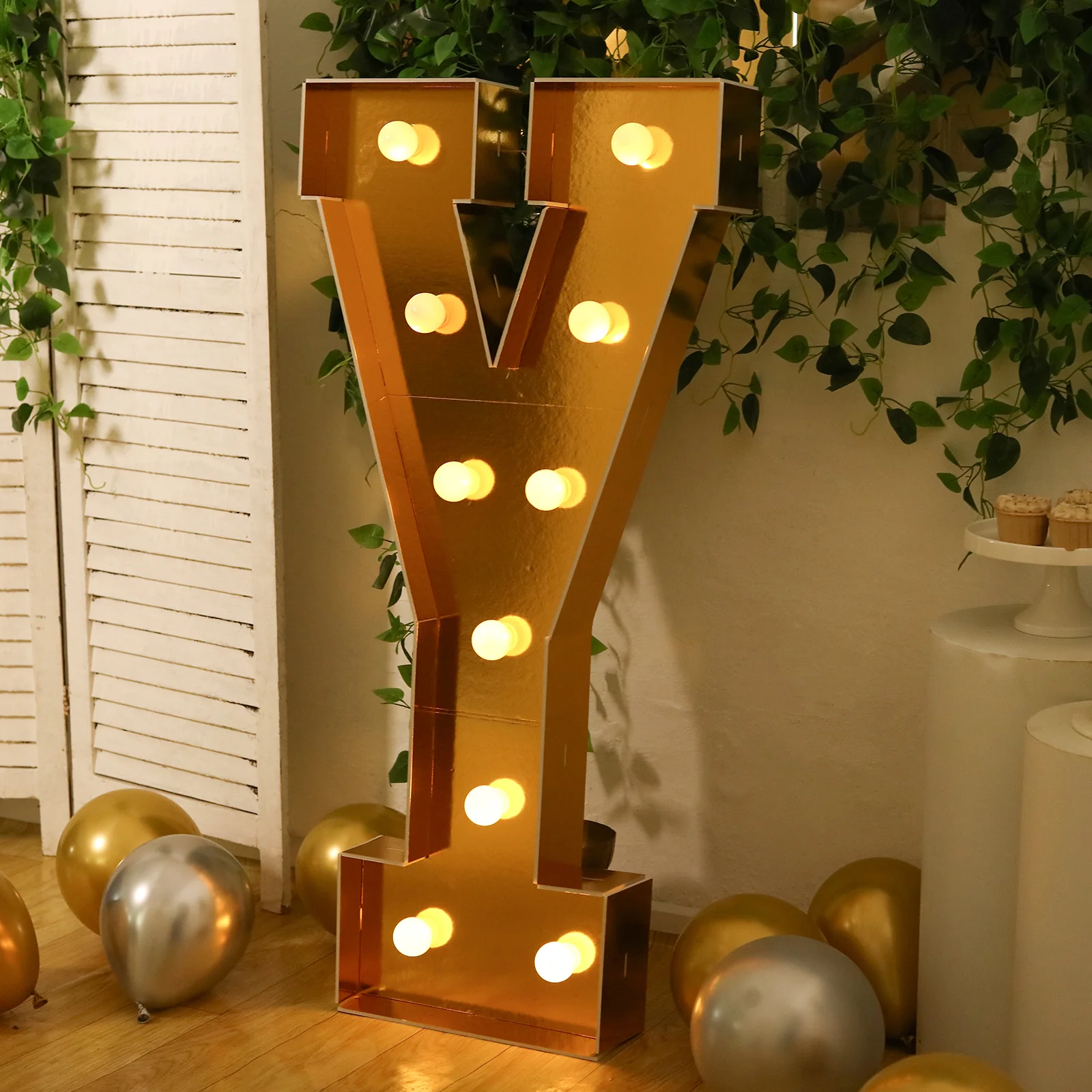Giant LED Marquee Light Up Letter "Y", Gold 4ft Pre-Cut Foam Board with 10 Warm White Battery Operated LEDs, Glue Gun and Sticks - Image 2