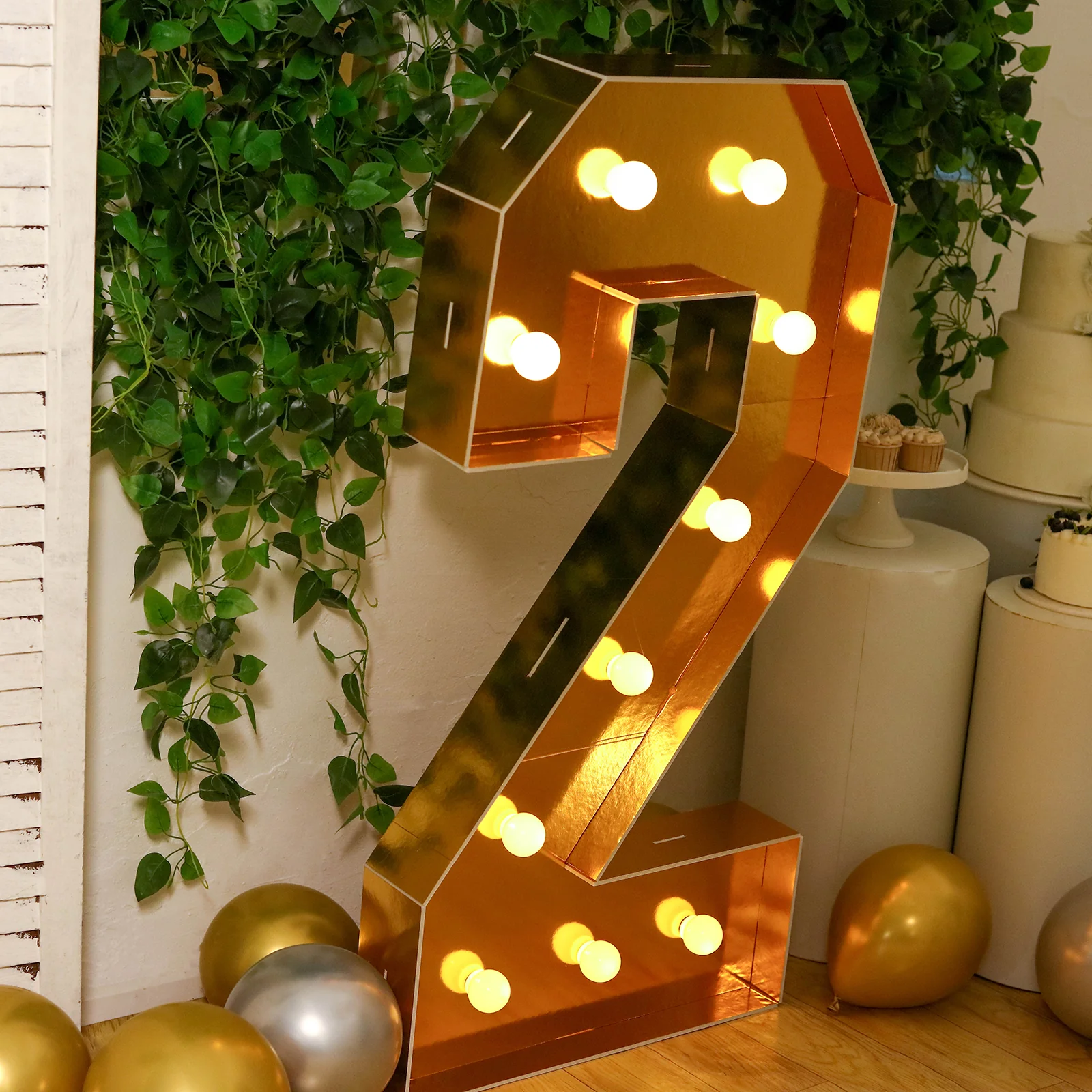 Giant LED Marquee Light Up Number "2", Gold 4ft Pre-Cut Foam Board with 10 Warm White Battery Operated LEDs, Glue Gun and Sticks - Image 2