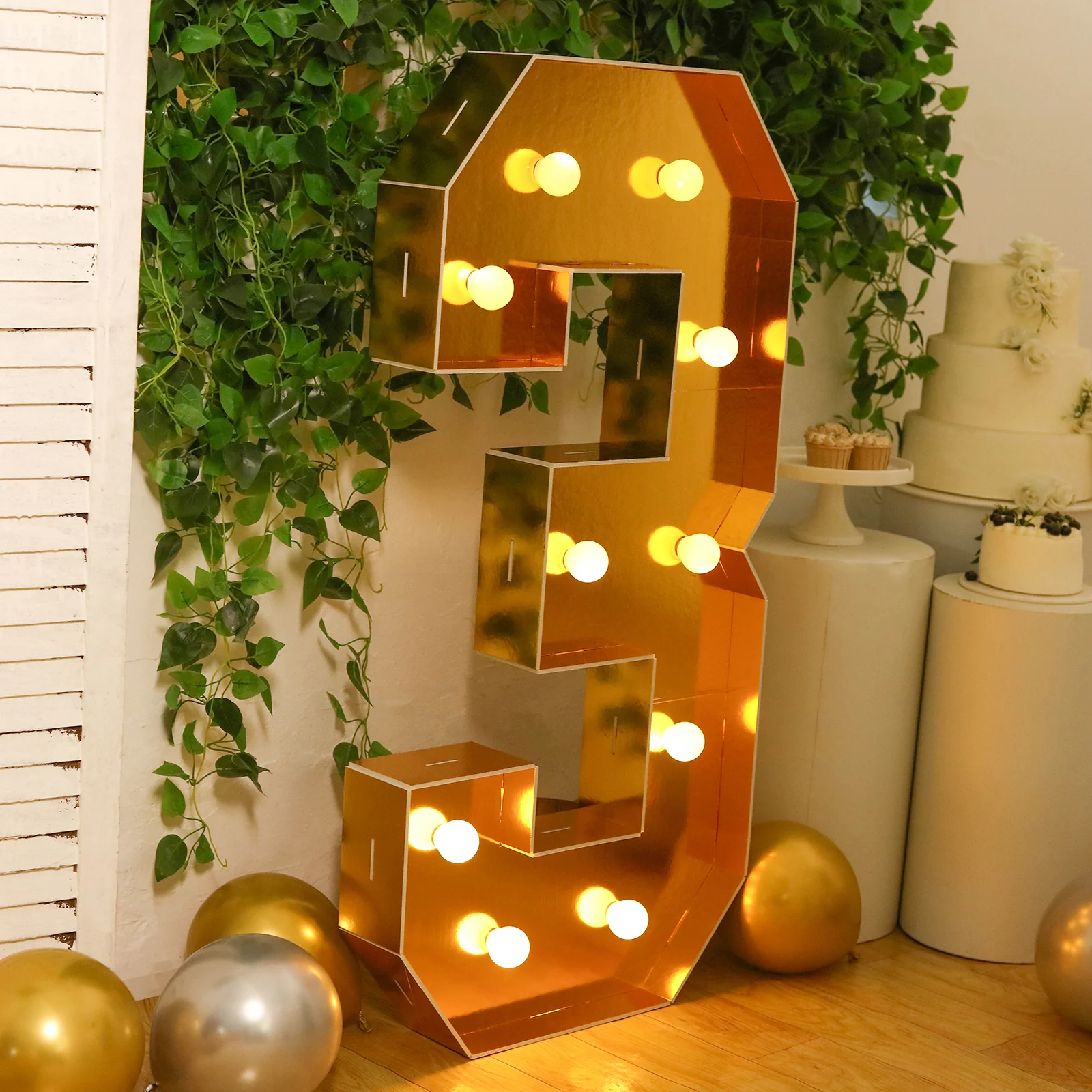 Giant LED Marquee Light Up Number "3", Gold 4ft Pre-Cut Foam Board with 10 Warm White Battery Operated LEDs, Glue Gun and Sticks - Image 2