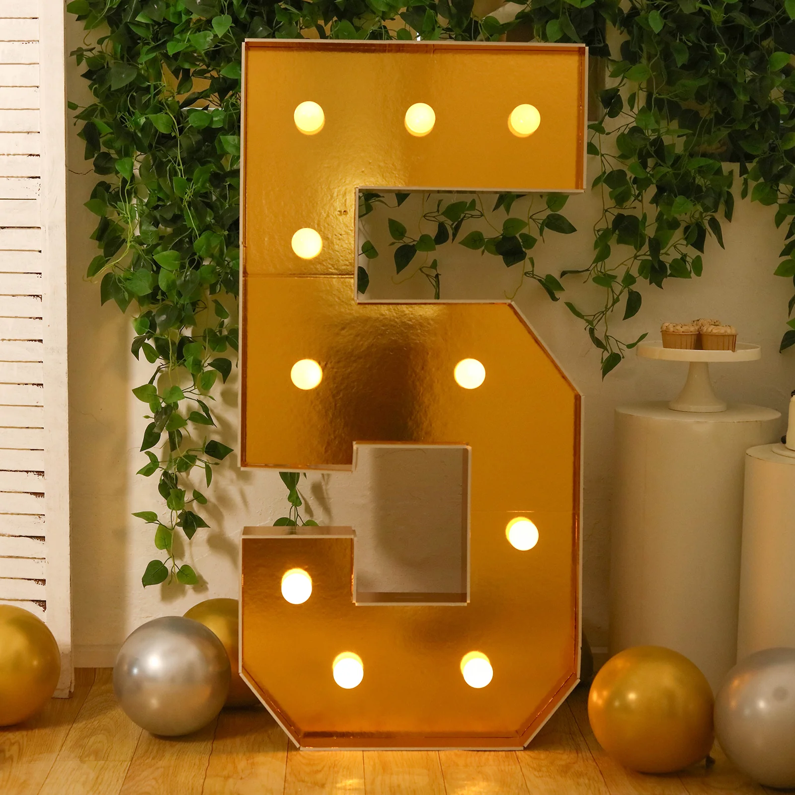 Giant LED Marquee Light Up Number "5", Gold 4ft Pre-Cut Foam Board with 10 Warm White Battery Operated LEDs, Glue Gun and Sticks