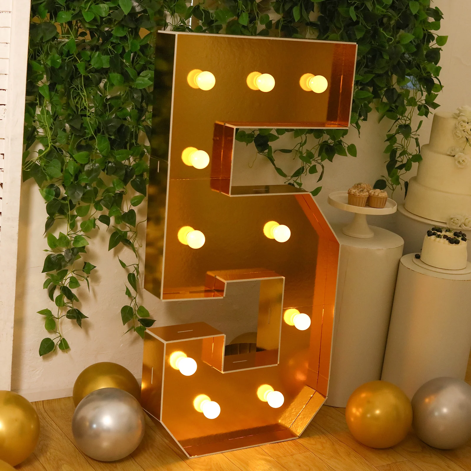 Giant LED Marquee Light Up Number "5", Gold 4ft Pre-Cut Foam Board with 10 Warm White Battery Operated LEDs, Glue Gun and Sticks - Image 2