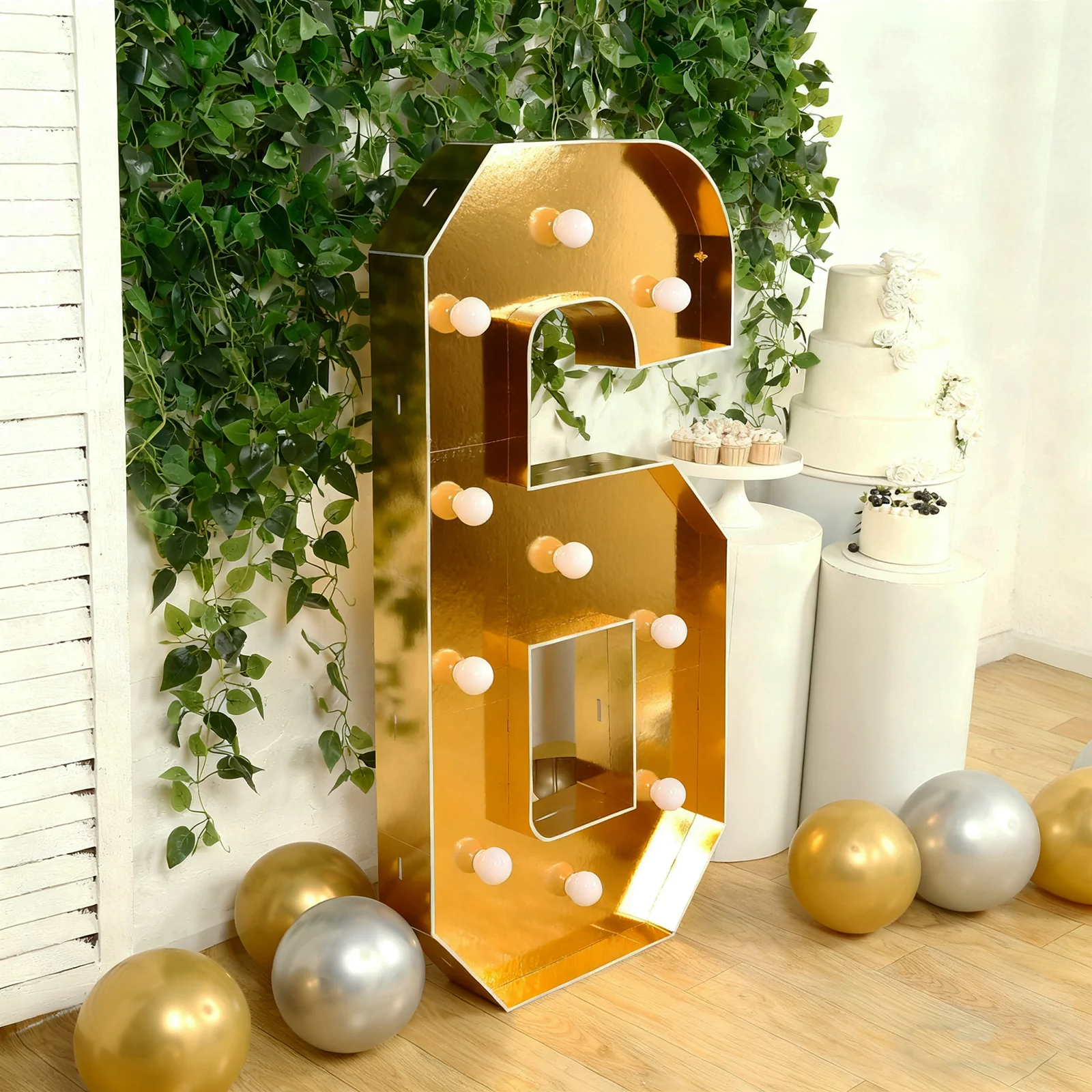 Giant LED Marquee Light Up Number "6", Gold 4ft Pre-Cut Foam Board with 10 Warm White Battery Operated LEDs, Glue Gun and Sticks - Image 2
