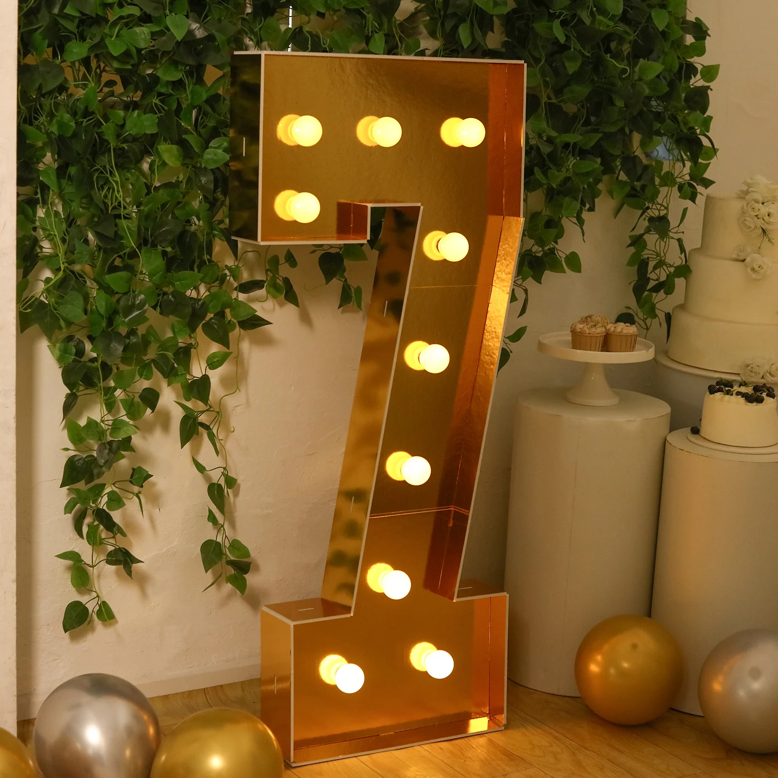 Giant LED Marquee Light Up Number "7", Gold 4ft Pre-Cut Foam Board with 10 Warm White Battery Operated LEDs, Glue Gun and Sticks - Image 2