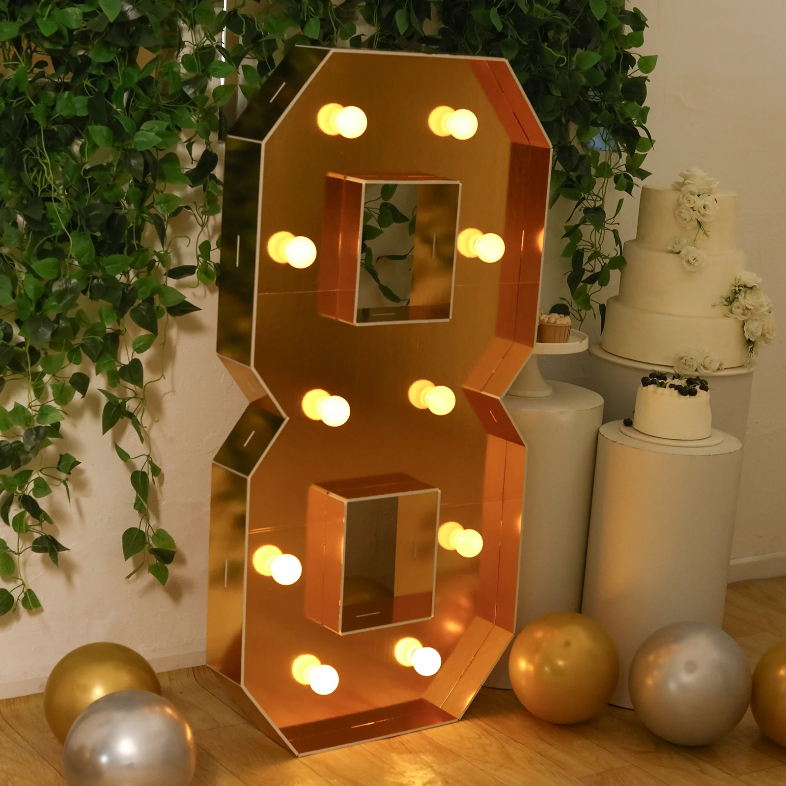 Giant LED Marquee Light Up Number "8", Gold 4ft Pre-Cut Foam Board with 10 Warm White Battery Operated LEDs, Glue Gun and Sticks - Image 2