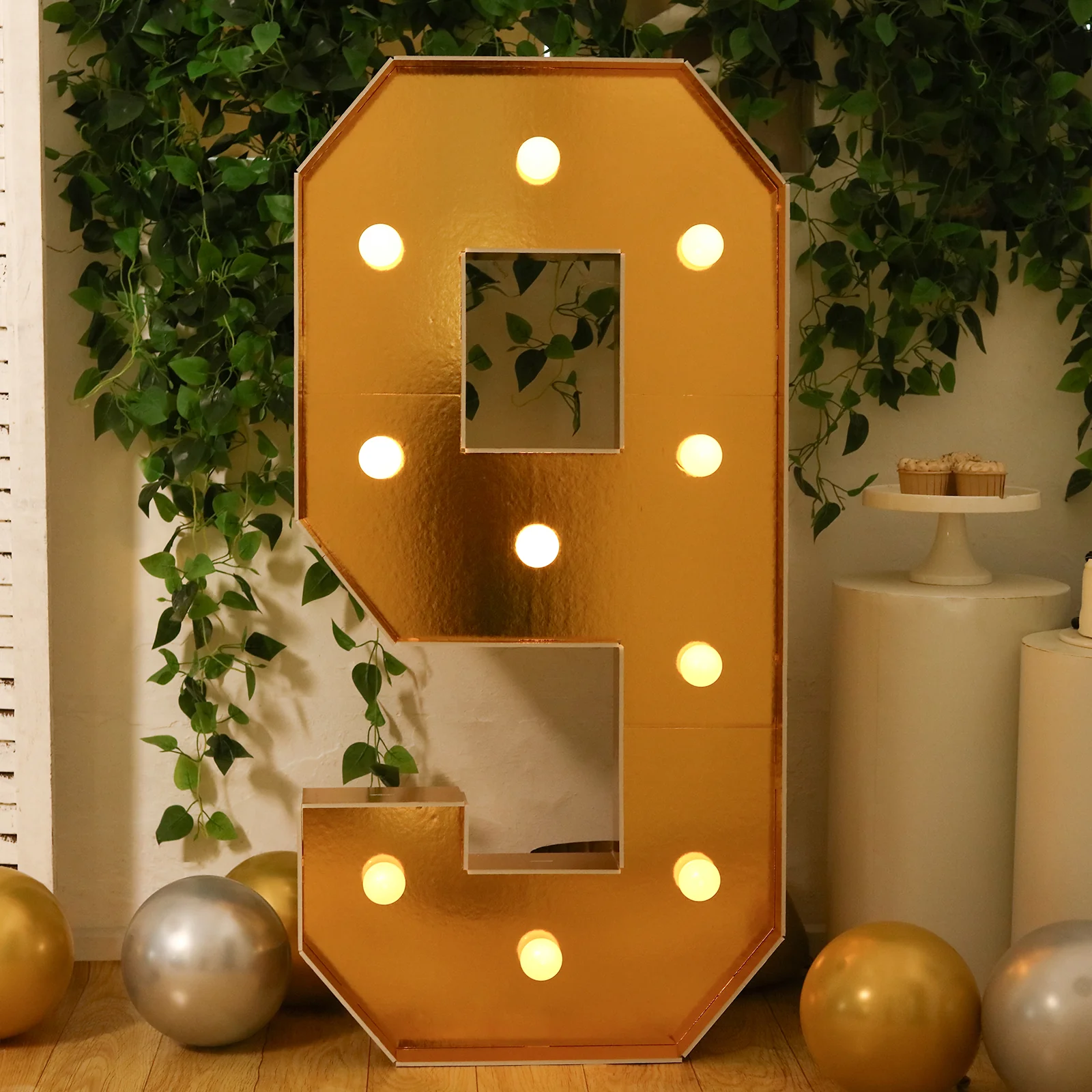 Giant LED Marquee Light Up Number "9", Gold 4ft Pre-Cut Foam Board with 10 Warm White Battery Operated LEDs, Glue Gun and Sticks