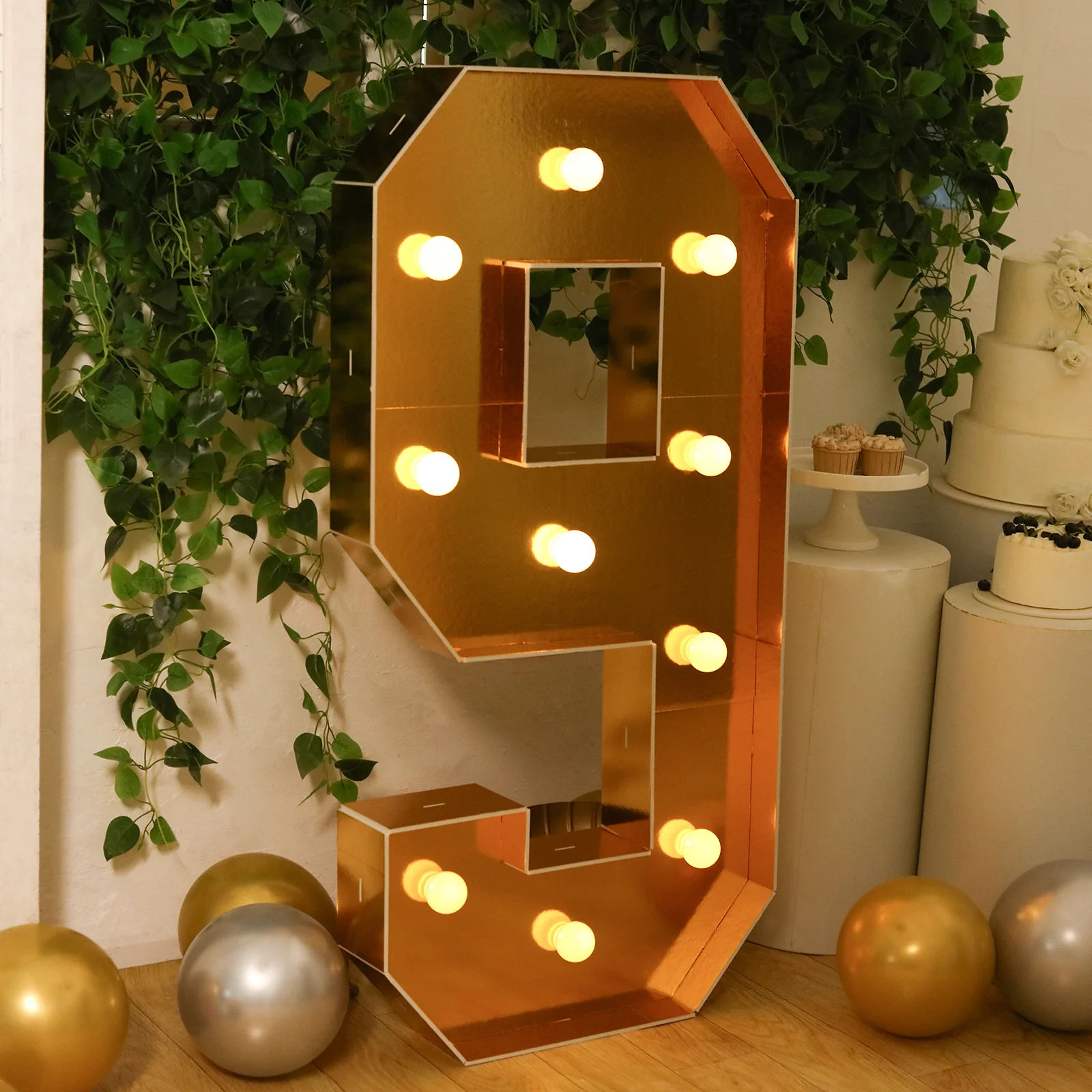 Giant LED Marquee Light Up Number "9", Gold 4ft Pre-Cut Foam Board with 10 Warm White Battery Operated LEDs, Glue Gun and Sticks - Image 2